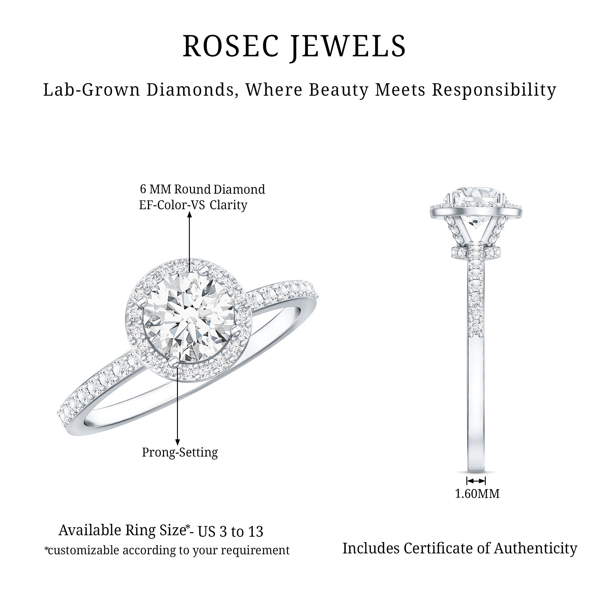 Rosec Jewels-IGI Certified 1 CT Lab Grown Diamond Round Engagement Ring
