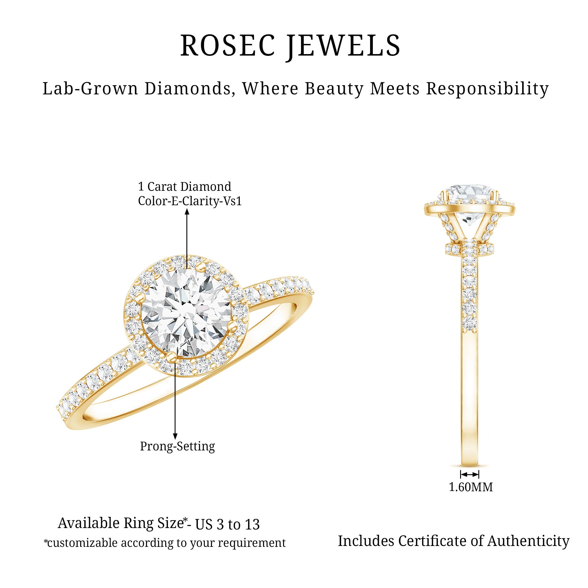 IGI Certified 1 CT Lab Grown Diamond Round Engagement Ring Lab - ( E-VS1 ) - Rosec Jewels