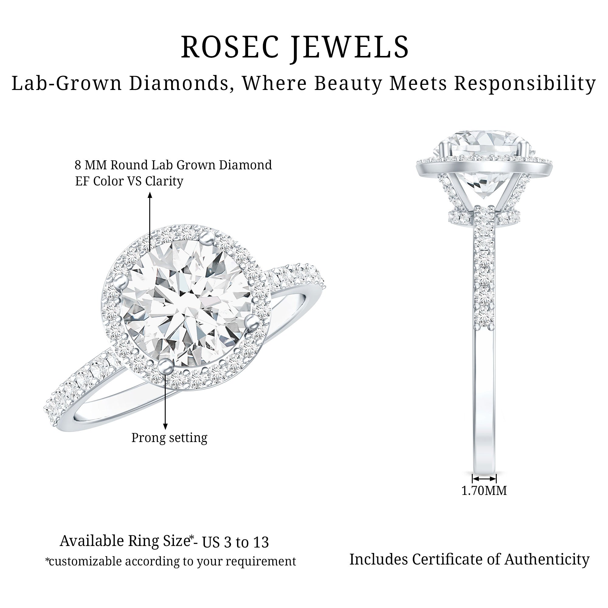 2 Carat Lab Grown Diamond Halo Engagement Ring with IGI Certificate Lab - ( E-VS1 ) - Rosec Jewels