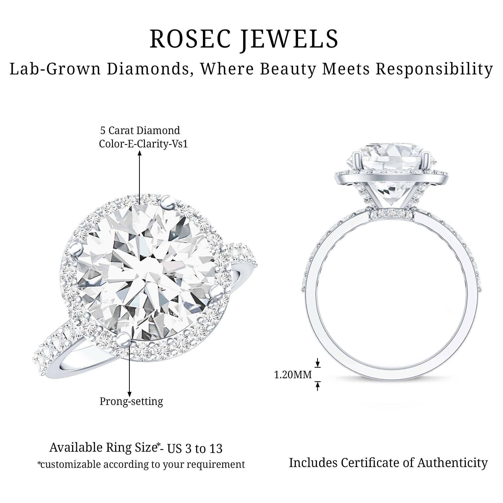 5 Carat Round Lab Grown Diamond Engagement Ring with IGI Certified Lab - ( E-VS1 ) - Rosec Jewels