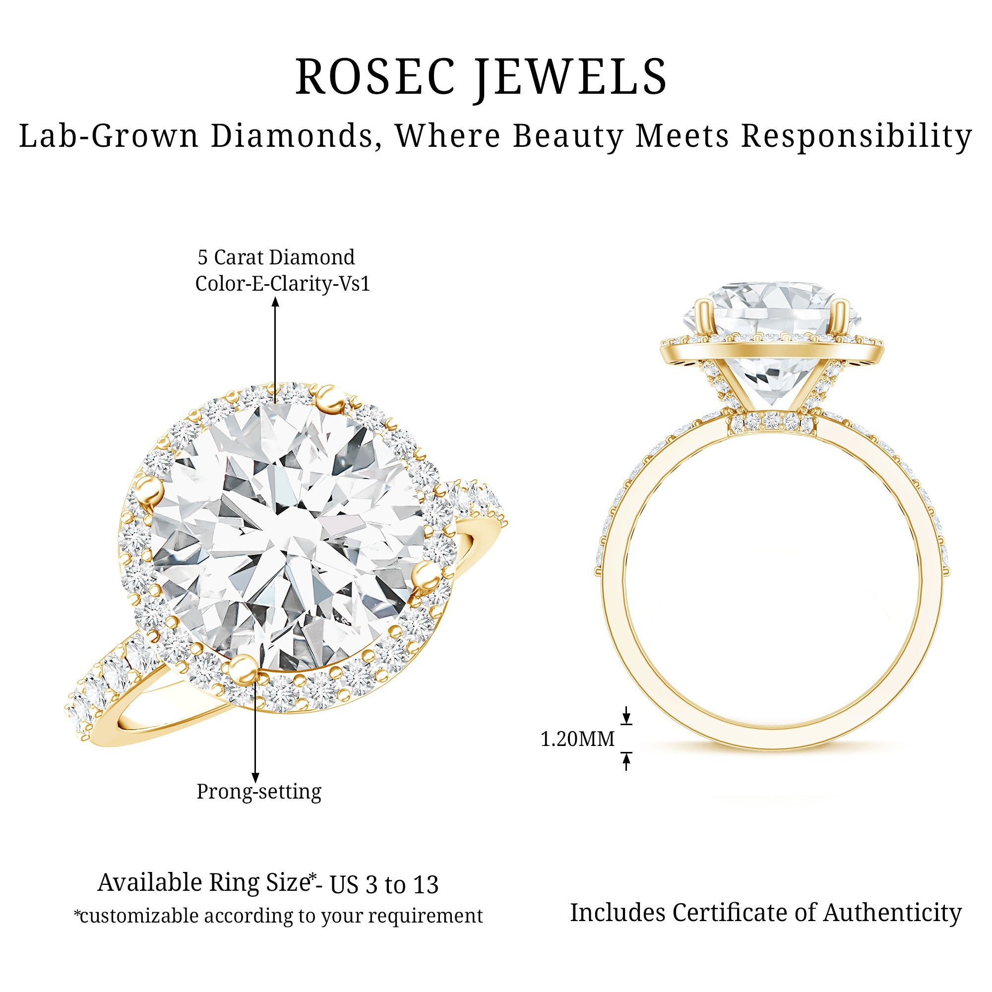 5 Carat Round Lab Grown Diamond Engagement Ring with IGI Certified Lab - ( E-VS1 ) - Rosec Jewels