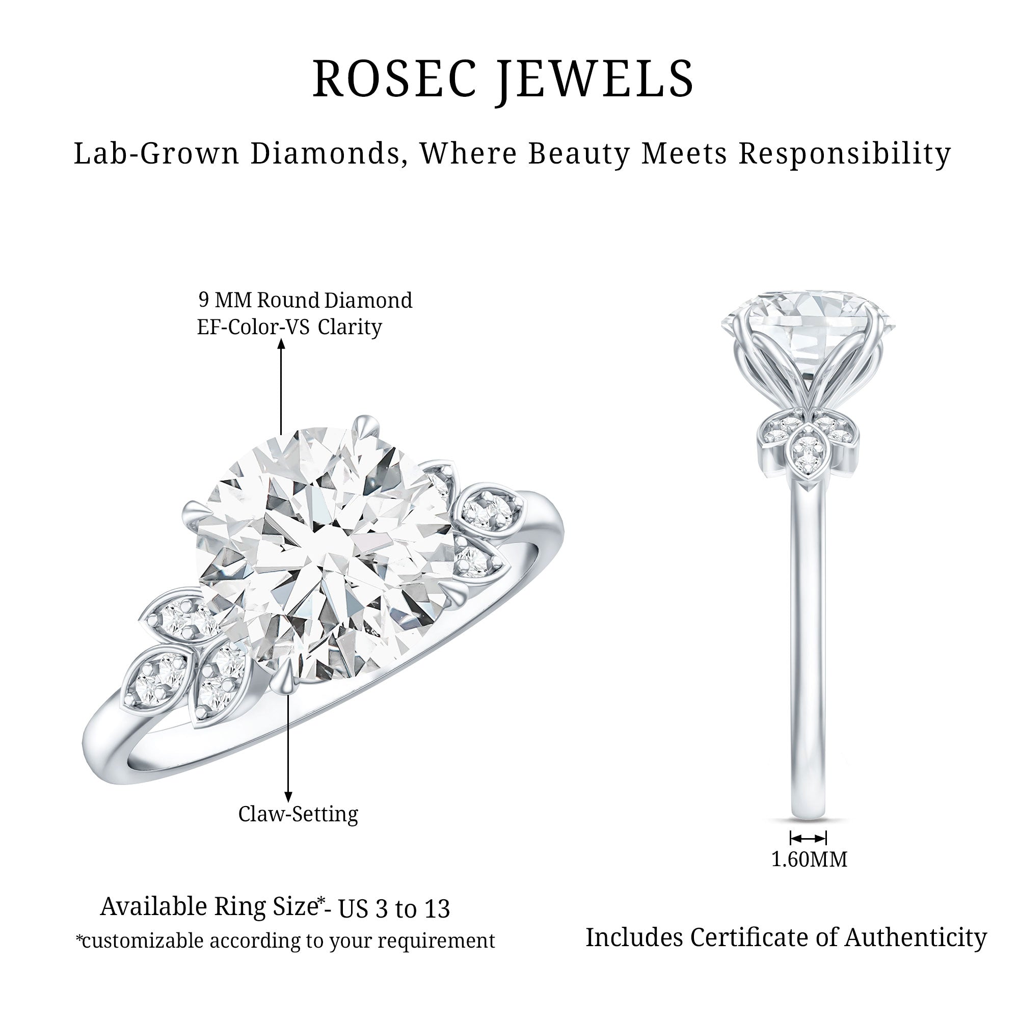 Rosec Jewels-3 Carat Lab Grown Diamond Round Engagement Ring with Certificate