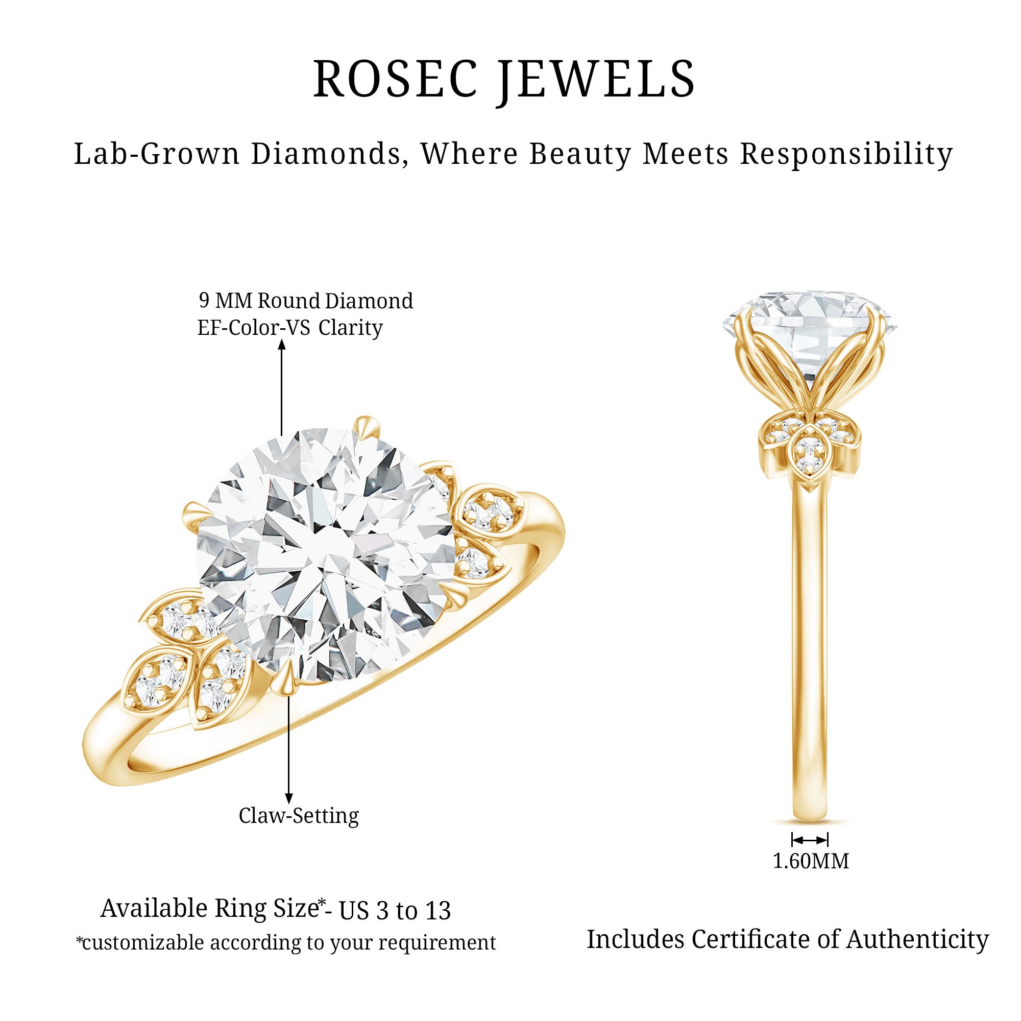 Rosec Jewels-3 Carat Lab Grown Diamond Round Engagement Ring with Certificate