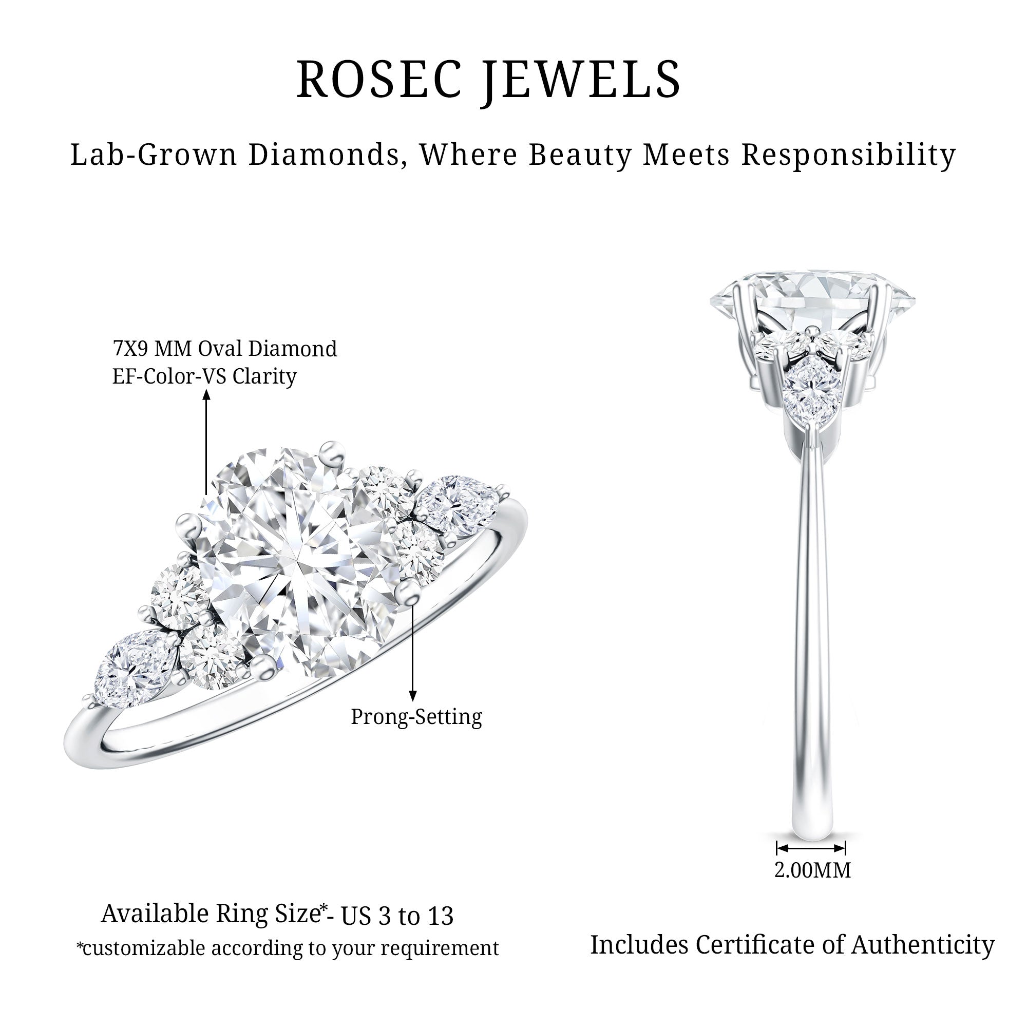 Rosec Jewels-2 Carat Lab Grown Diamond Oval Engagement Ring with Trio