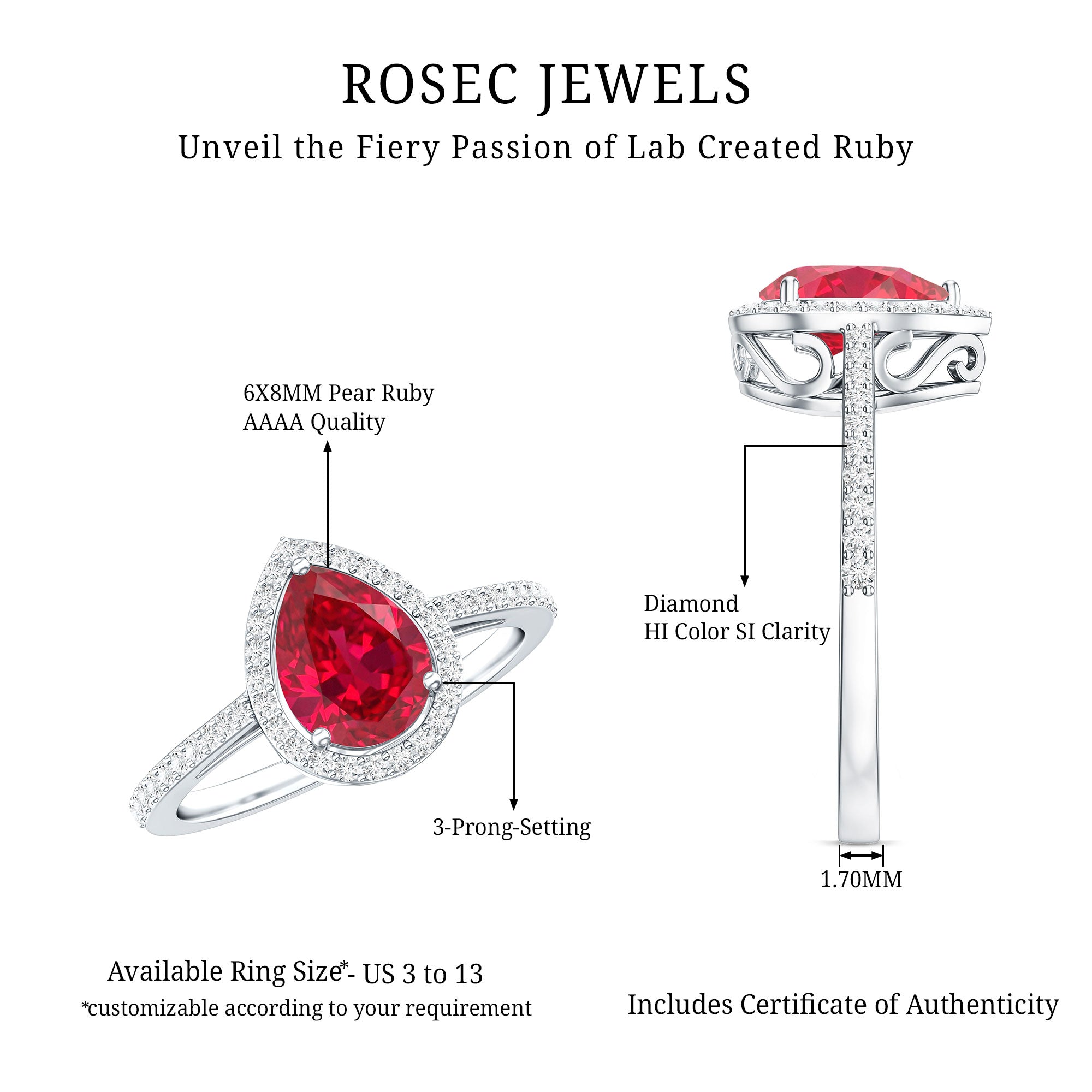 Pear Shape Lab Grown Ruby Teardrop Engagement Ring with Diamond Halo AAAA - Rosec Jewels