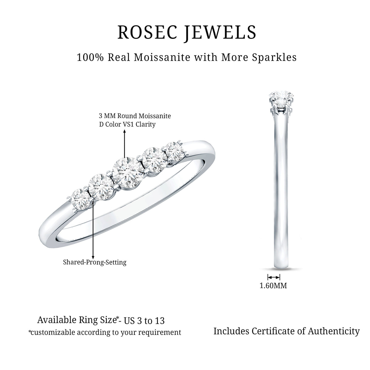 Round Cut Moissanite Five Stone Promise Ring D-VS1 - Rosec Jewels