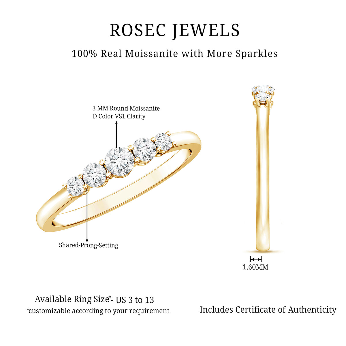 Round Cut Moissanite Five Stone Promise Ring D-VS1 - Rosec Jewels