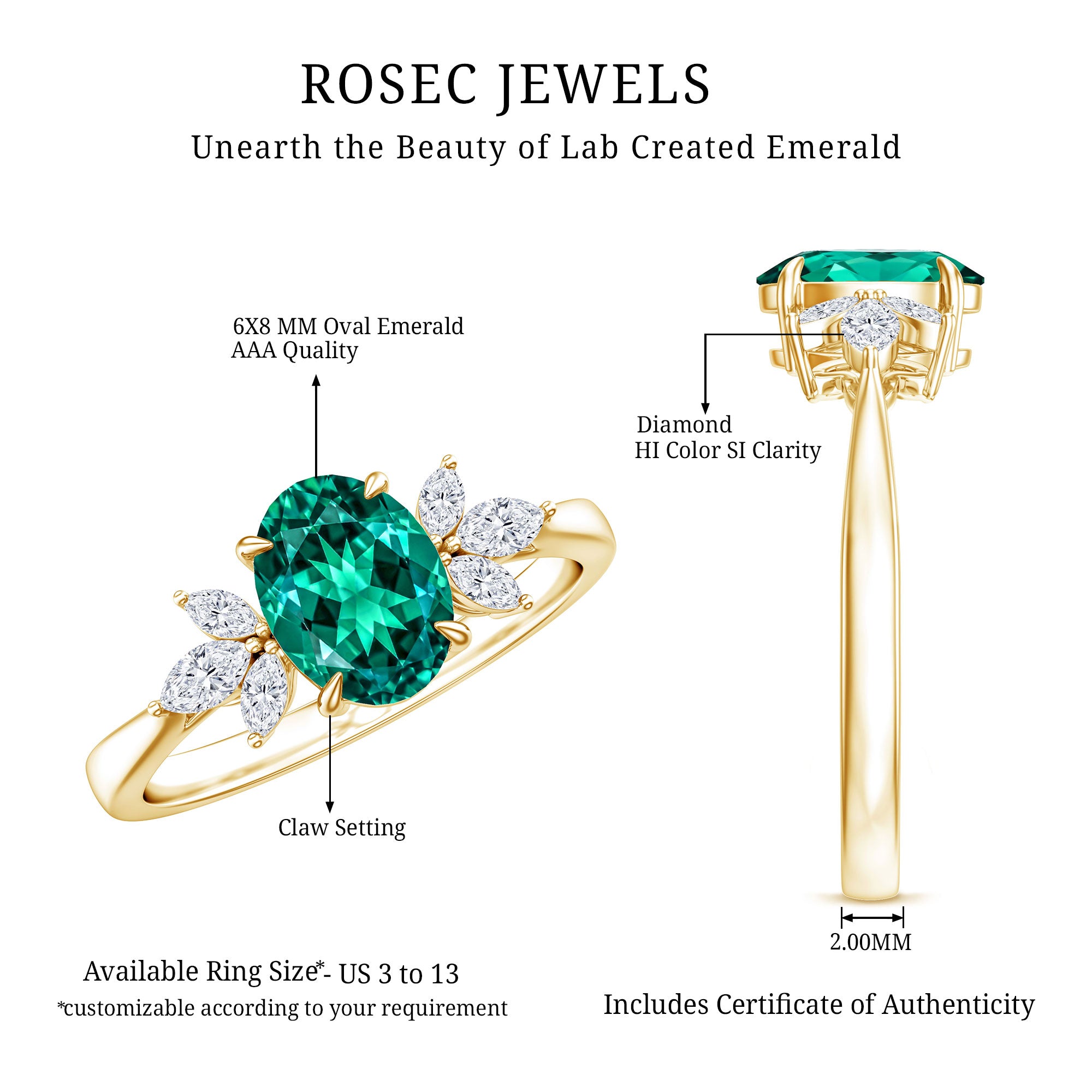 1.2 Carat Lab Created Emerald Oval Engagement Ring with Diamond Trio AAAA - Rosec Jewels