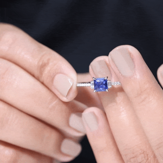 Certified 1 Carat Lab Grown Blue Sapphire Princess Cut Engagement Ring with Diamond AAAA - Rosec Jewels