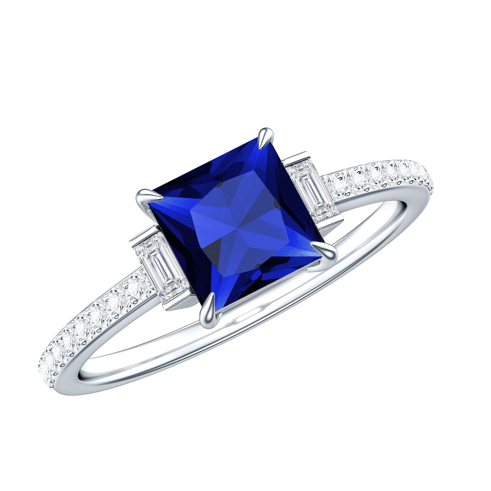 Certified 1 Carat Lab Grown Blue Sapphire Princess Cut Engagement Ring with Diamond AAAA - Rosec Jewels