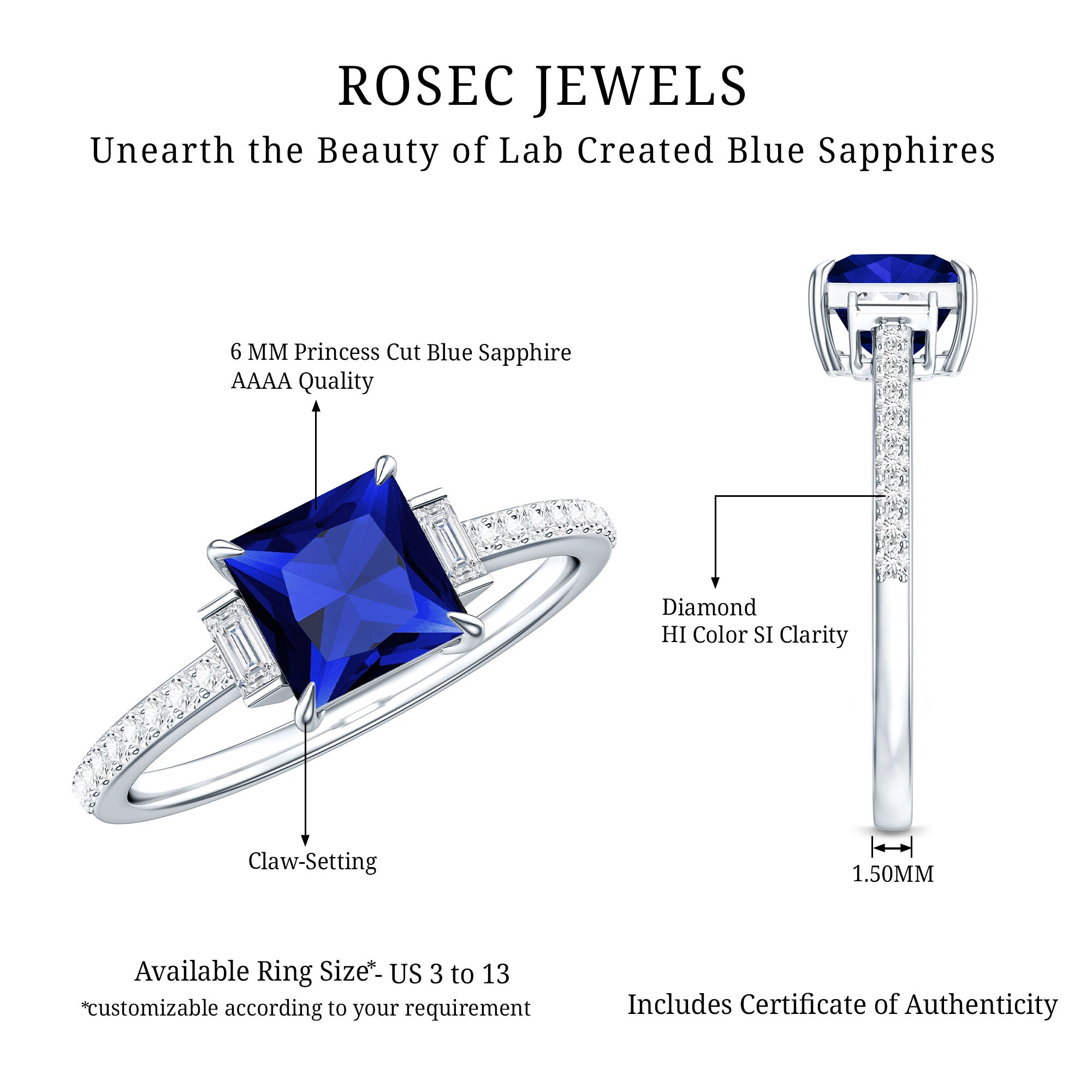 Certified 1 Carat Lab Grown Blue Sapphire Princess Cut Engagement Ring with Diamond AAAA - Rosec Jewels