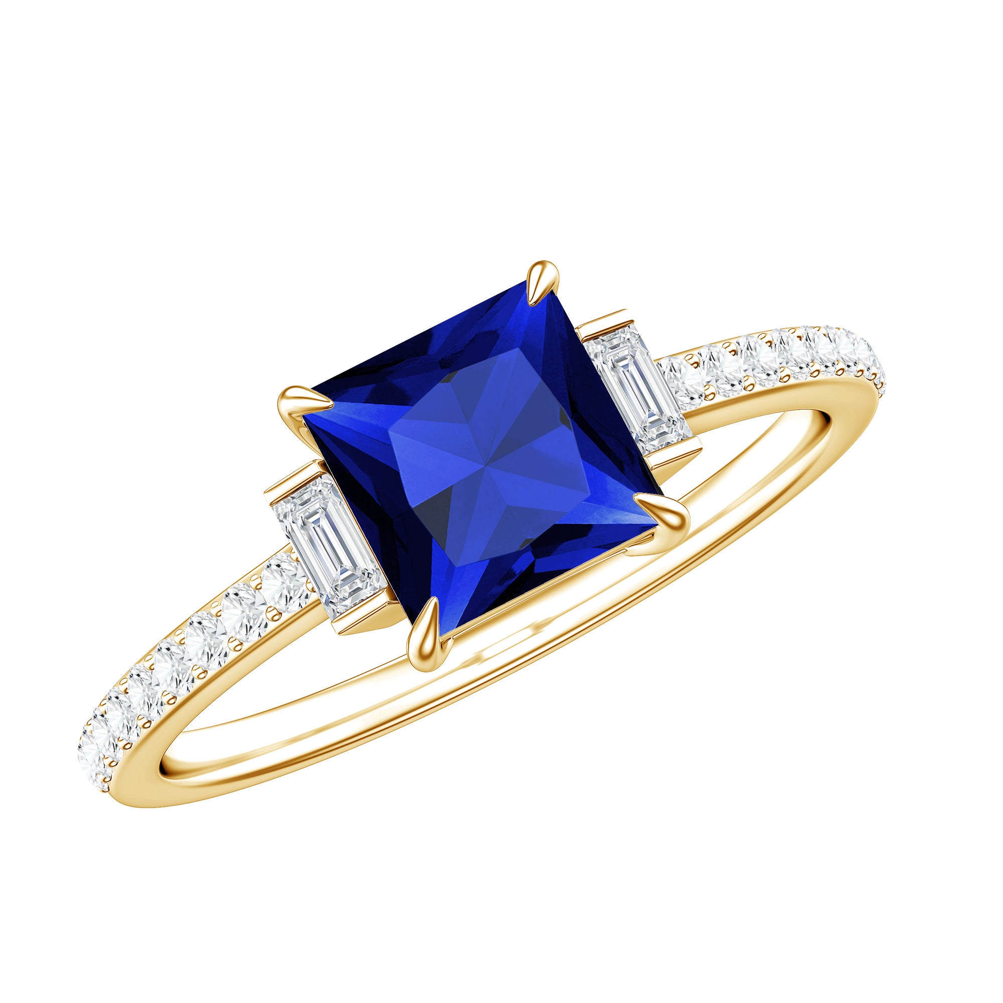 Certified 1 Carat Lab Grown Blue Sapphire Princess Cut Engagement Ring with Diamond AAAA - Rosec Jewels