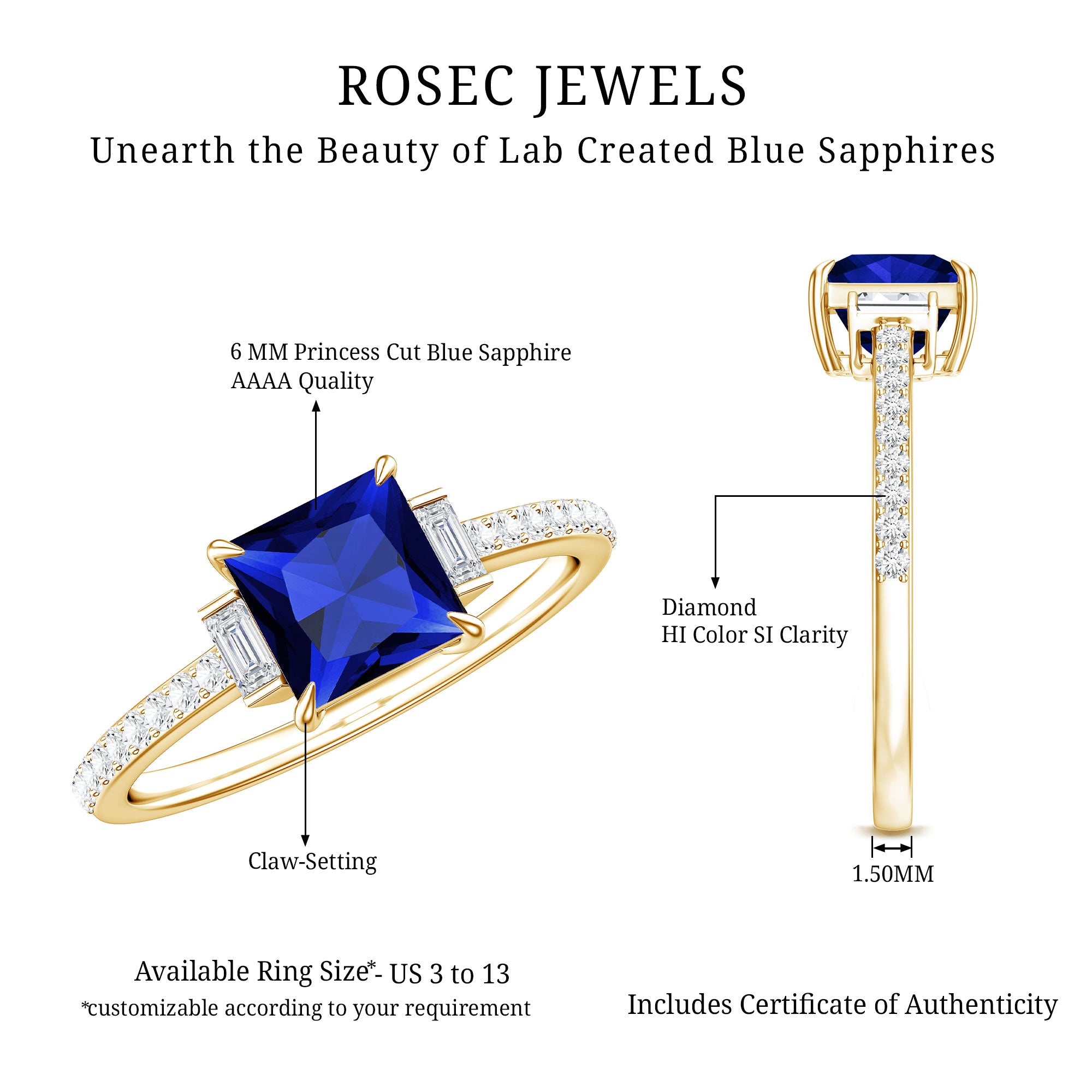 Certified 1 Carat Lab Grown Blue Sapphire Princess Cut Engagement Ring with Diamond AAAA - Rosec Jewels