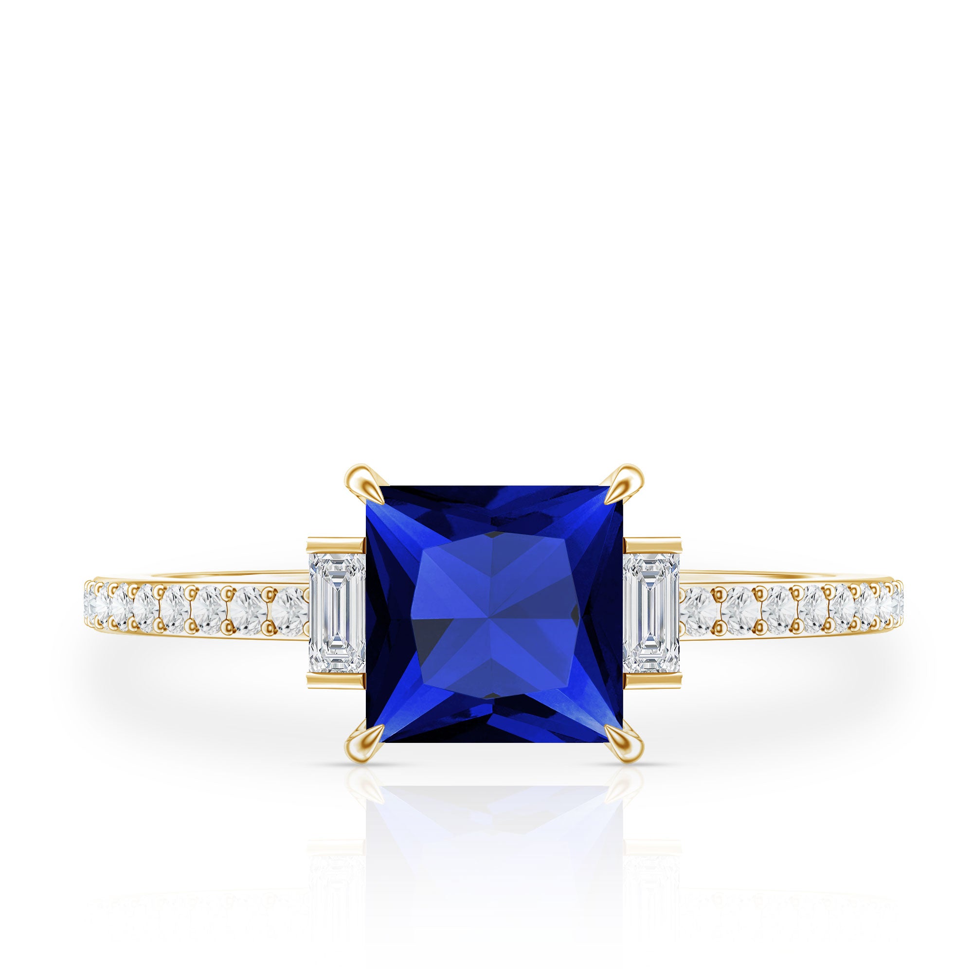 Certified 1 Carat Lab Grown Blue Sapphire Princess Cut Engagement Ring with Diamond AAAA - Rosec Jewels