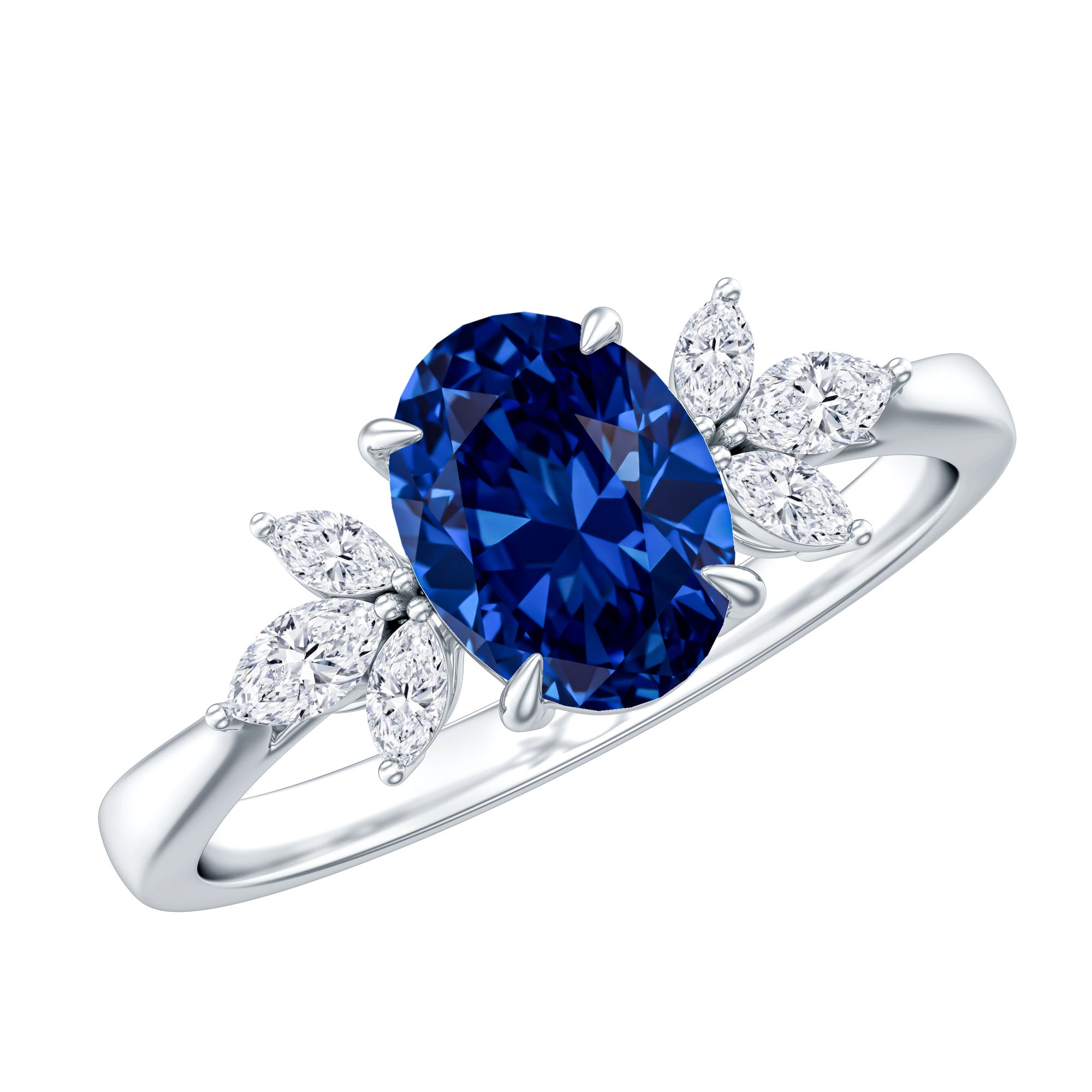 Certified 1.5 Carat Lab Grown Blue Sapphire Oval Engagement Ring with Diamond Trio AAAA - Rosec Jewels