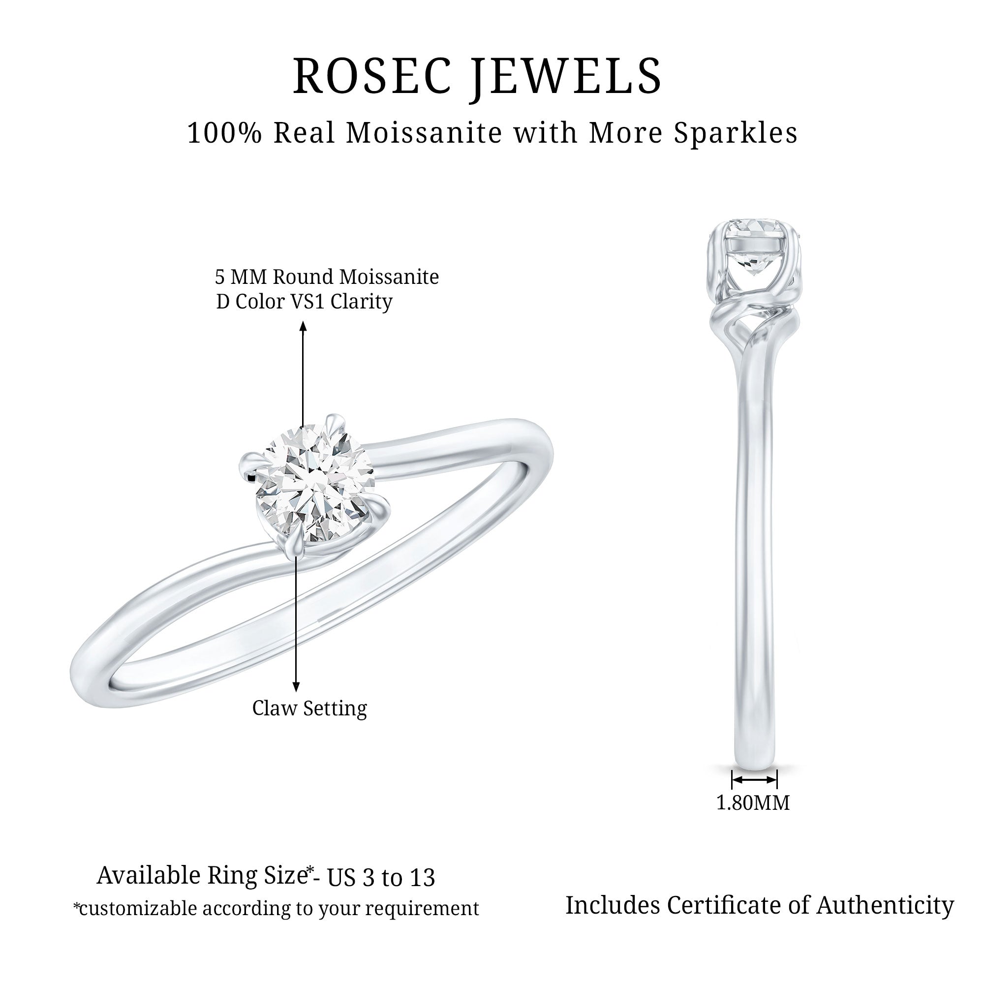 1/4 CT Round Cut Moissanite Promise Solitaire Ring for Her D-VS1 - Rosec Jewels