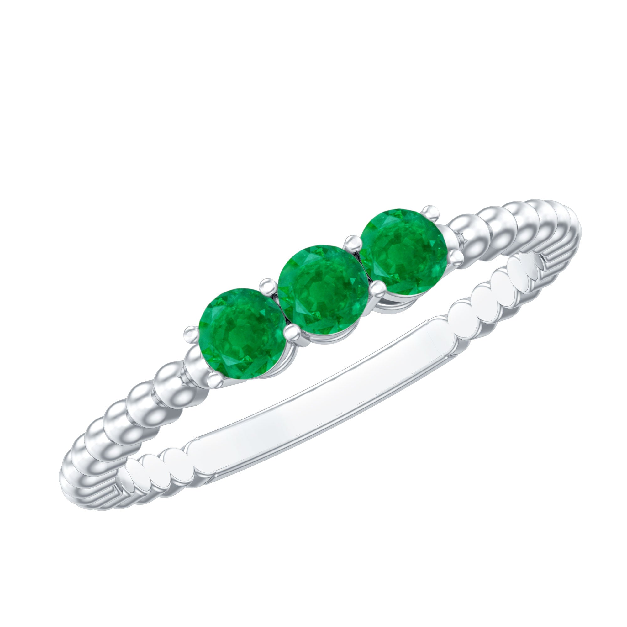 Certified Real Emerald 3 Stone Promise Ring with Beaded Detailing AAA - Rosec Jewels