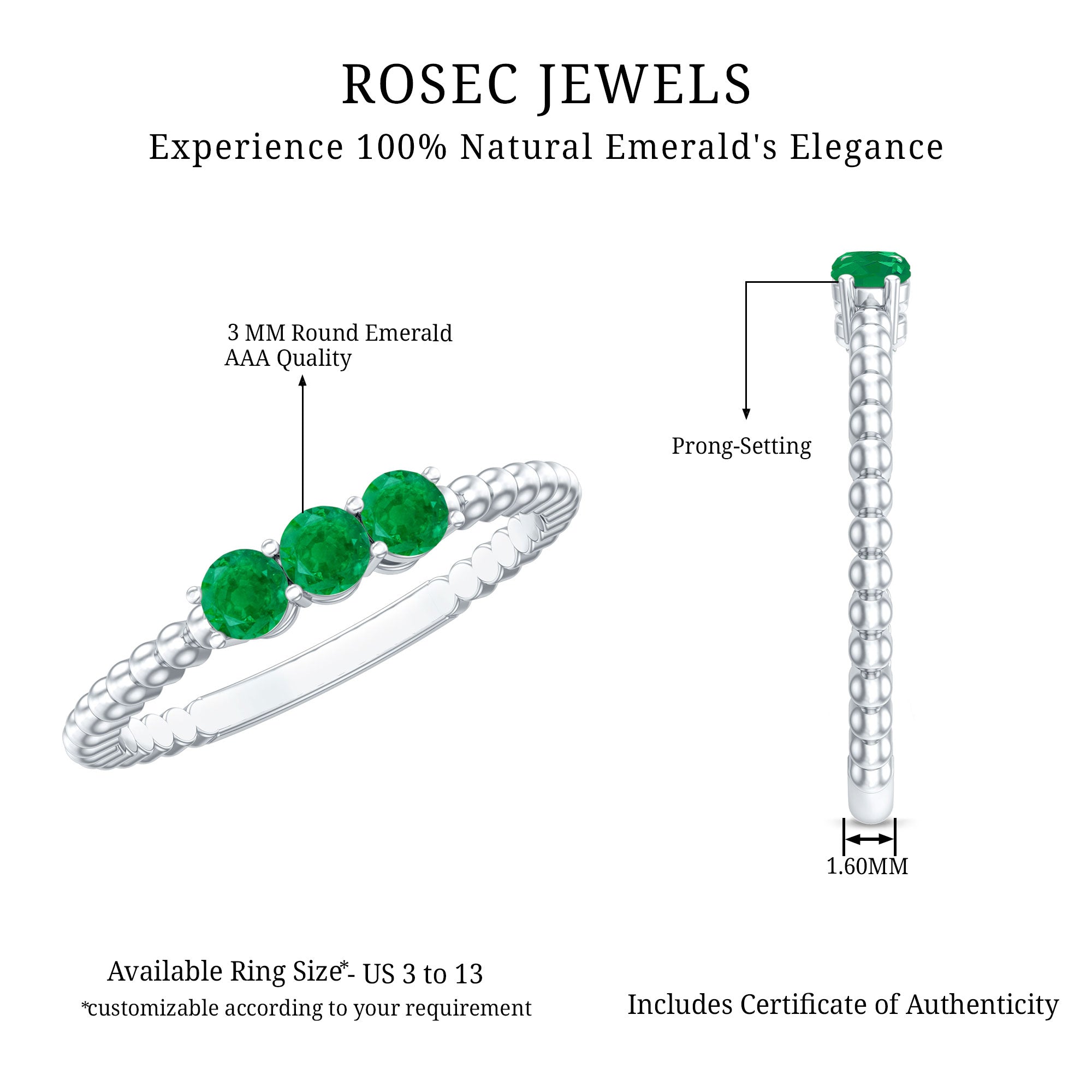 Certified Real Emerald 3 Stone Promise Ring with Beaded Detailing AAA - Rosec Jewels