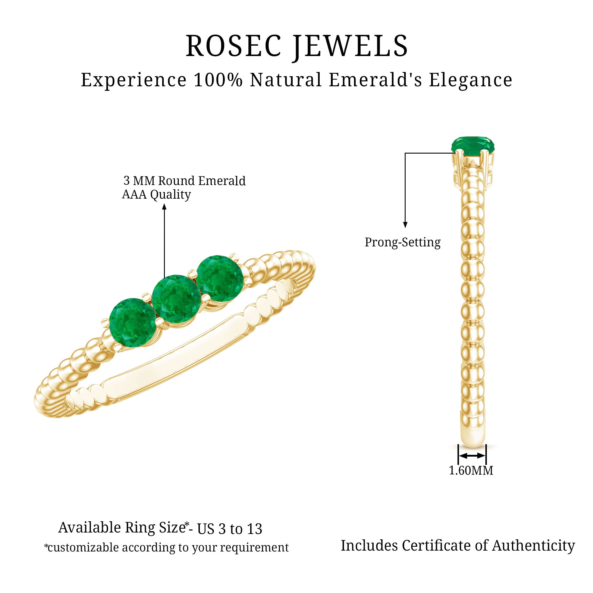 Certified Real Emerald 3 Stone Promise Ring with Beaded Detailing AAA - Rosec Jewels