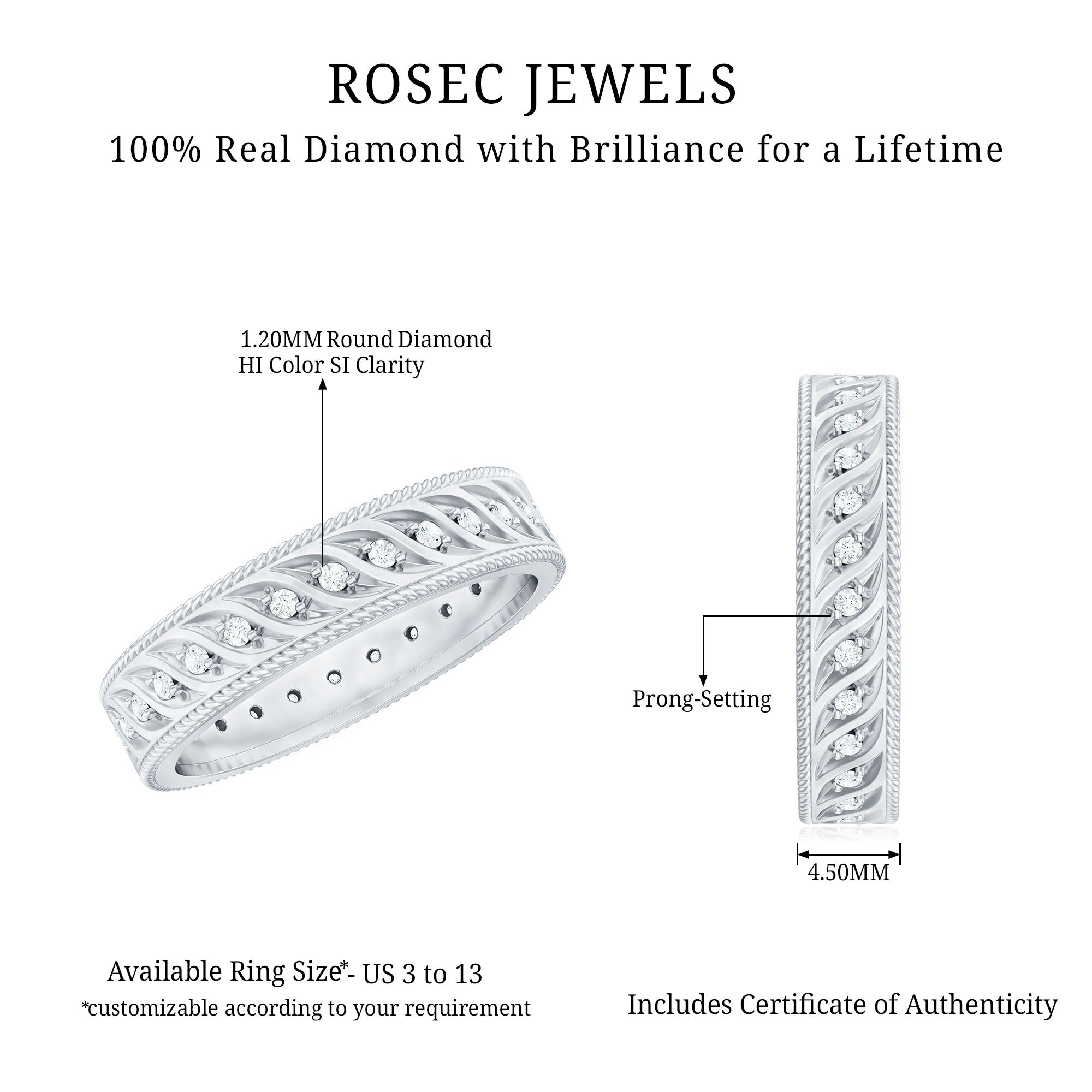 Diamond Twisted Rope Wedding Band Ring Natural - ( HI-SI ) - Rosec Jewels