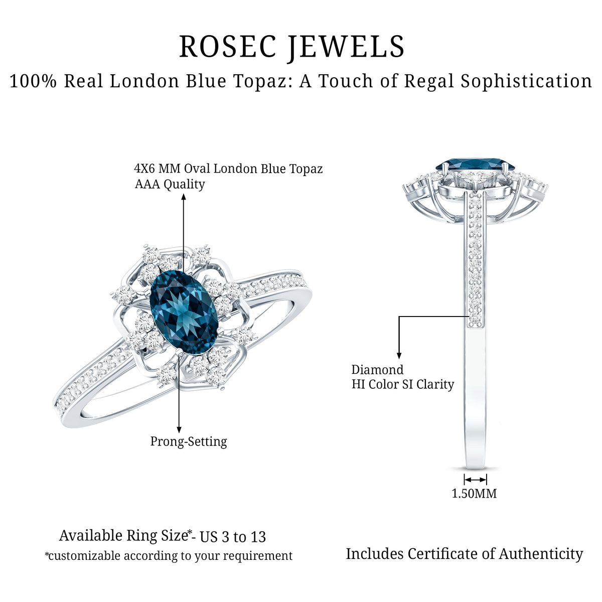 0.4 Carat Oval Cut London Blue Topaz Vintage Engagement Ring with Diamond AAA - Rosec Jewels
