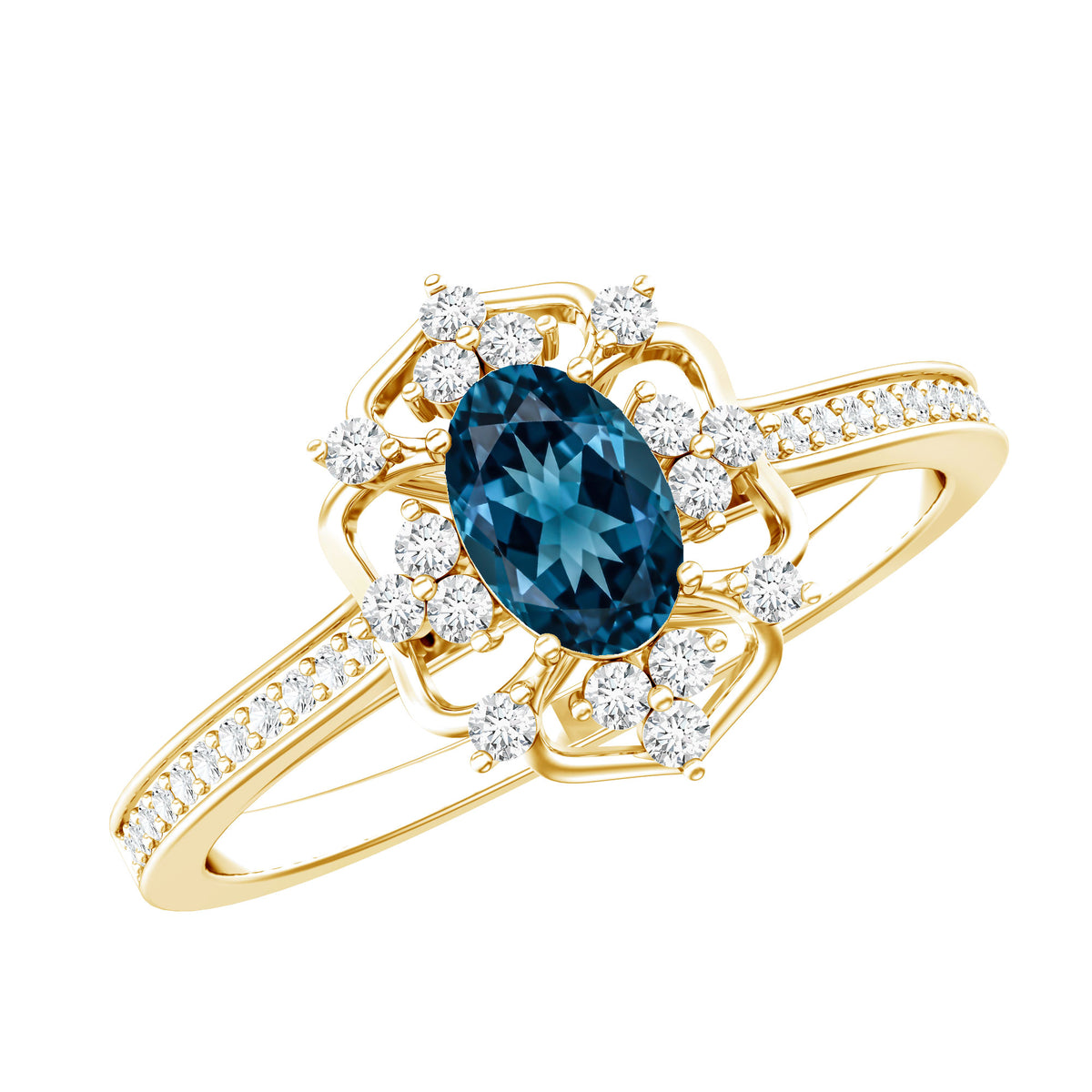 0.4 Carat Oval Cut London Blue Topaz Vintage Engagement Ring with Diamond AAA - Rosec Jewels