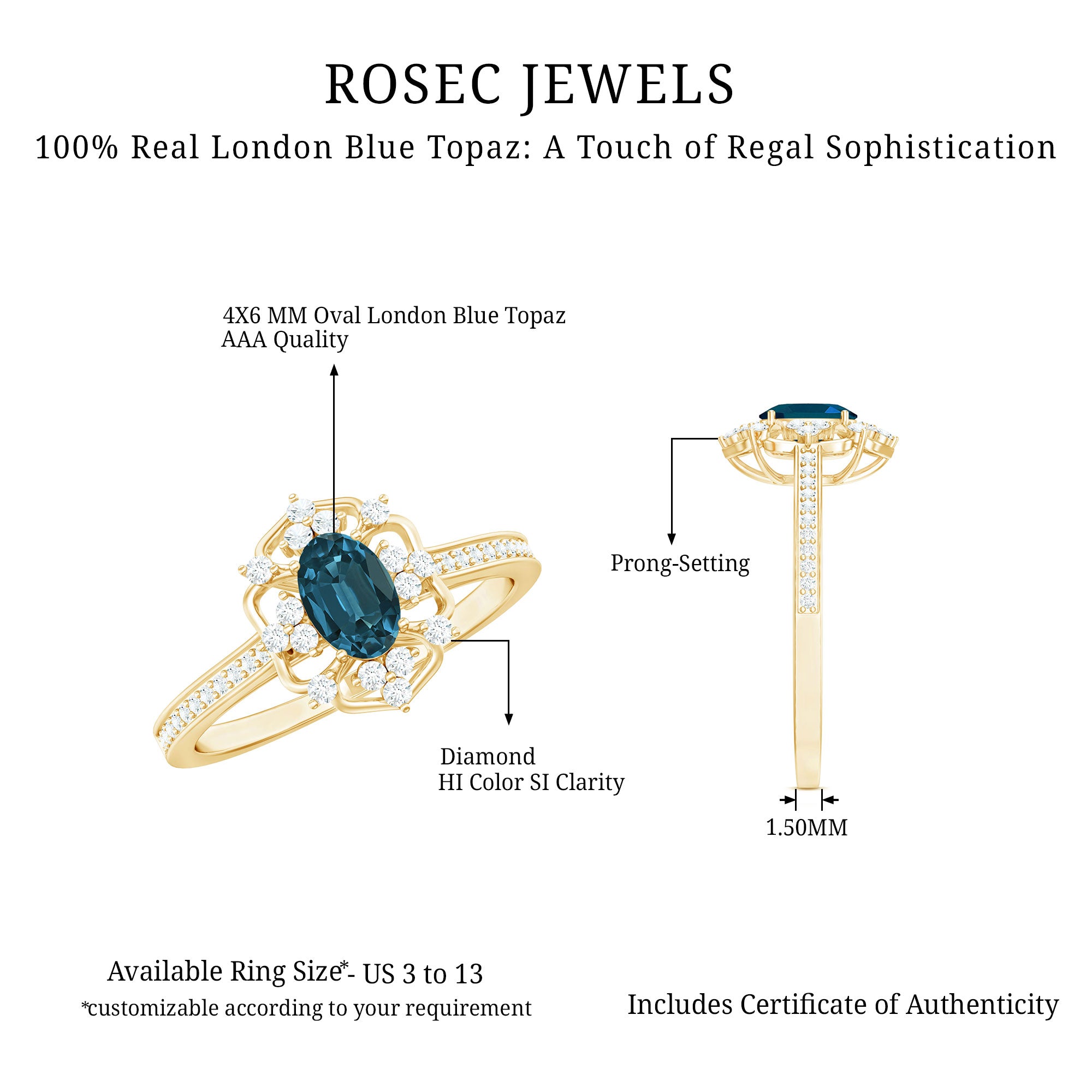 4X6mm Oval Cut London Blue Topaz Vintage Engagement Ring with Diamond AAA - Rosec Jewels