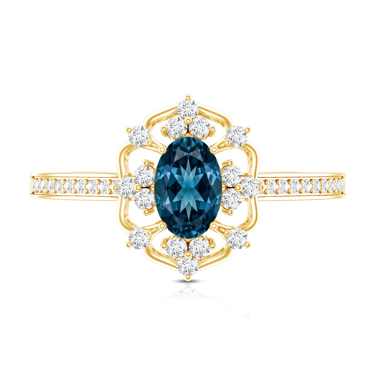 0.4 Carat Oval Cut London Blue Topaz Vintage Engagement Ring with Diamond AAA - Rosec Jewels