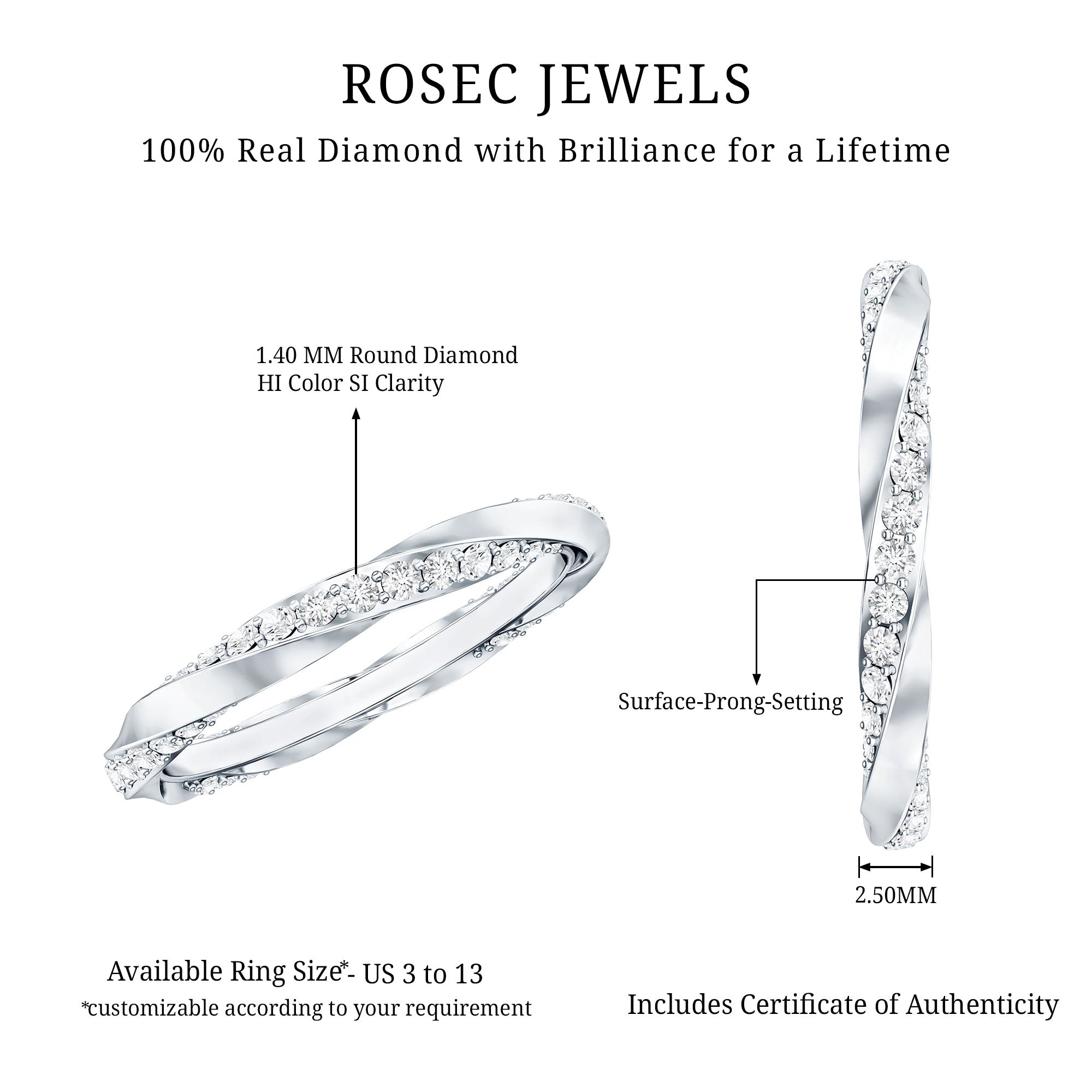 Pave Set Diamond Wedding Ring with Twisted Details Natural - ( HI-SI ) - Rosec Jewels