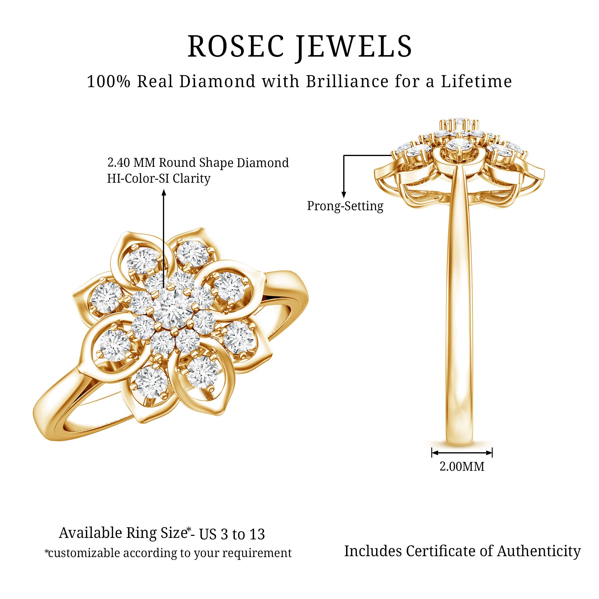 Certified Natural Diamond Flower Engagement Ring Natural - ( HI-SI ) - Rosec Jewels