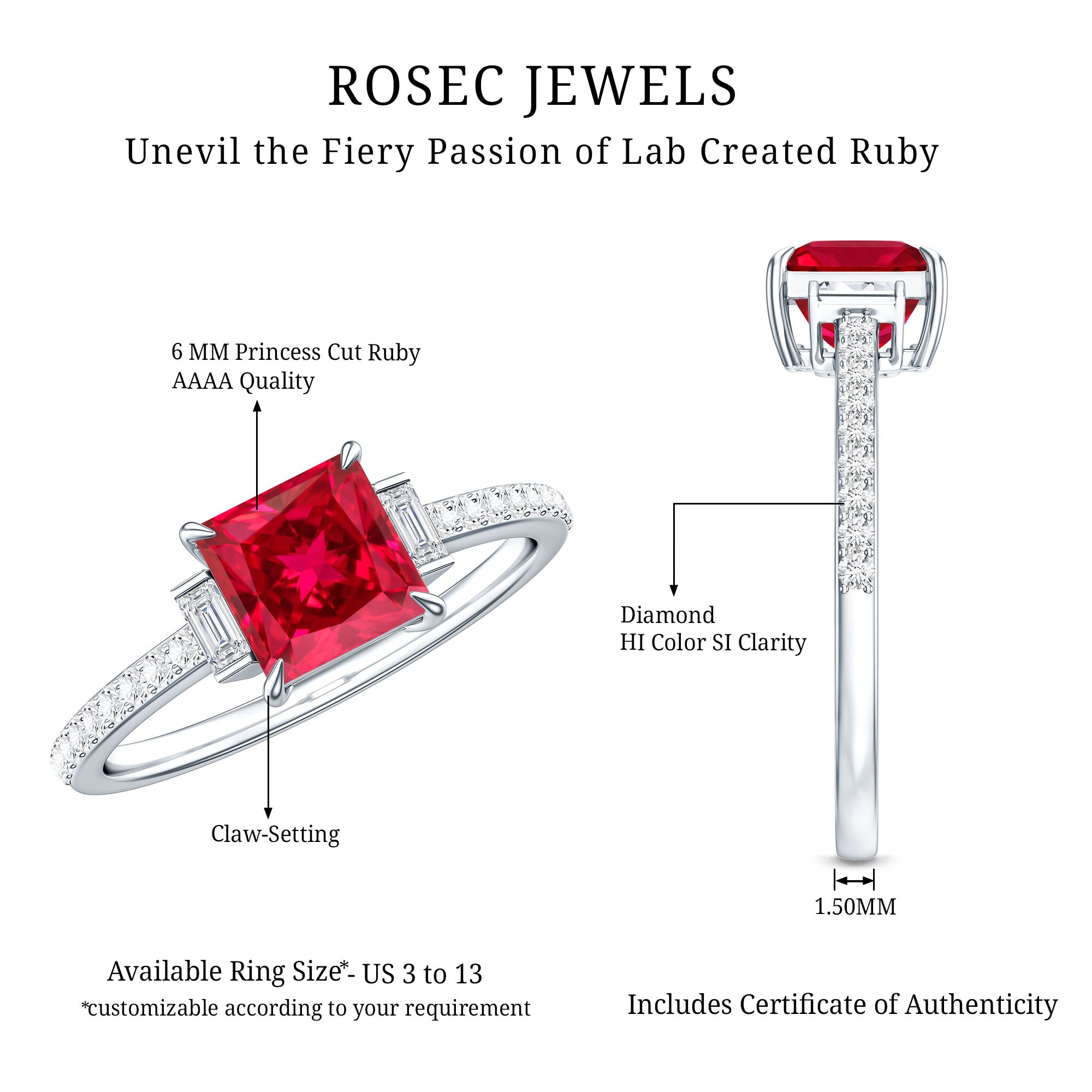 1.5 Carat Princess Cut Lab Created Ruby Engagement Ring With Diamond AAAA - Rosec Jewels