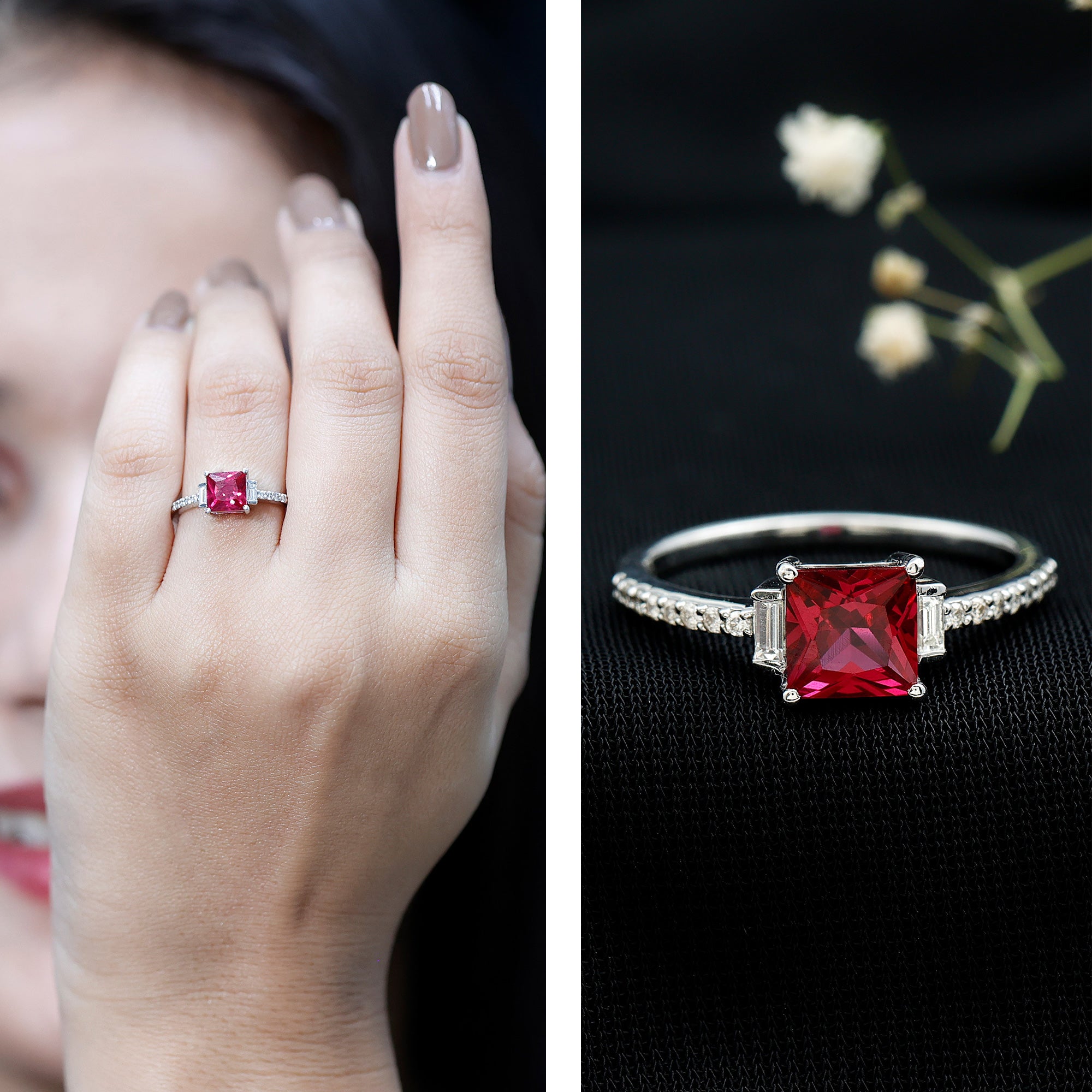 1.5 Carat Princess Cut Lab Created Ruby Engagement Ring With Diamond AAAA - Rosec Jewels