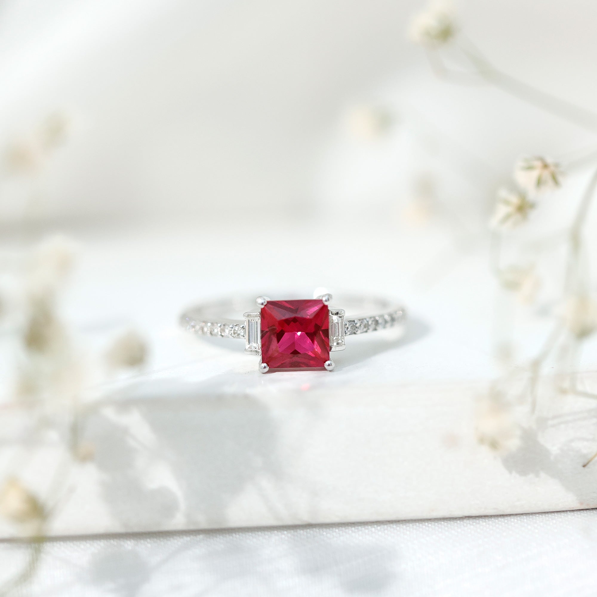 1.5 Carat Princess Cut Lab Created Ruby Engagement Ring With Diamond AAAA - Rosec Jewels