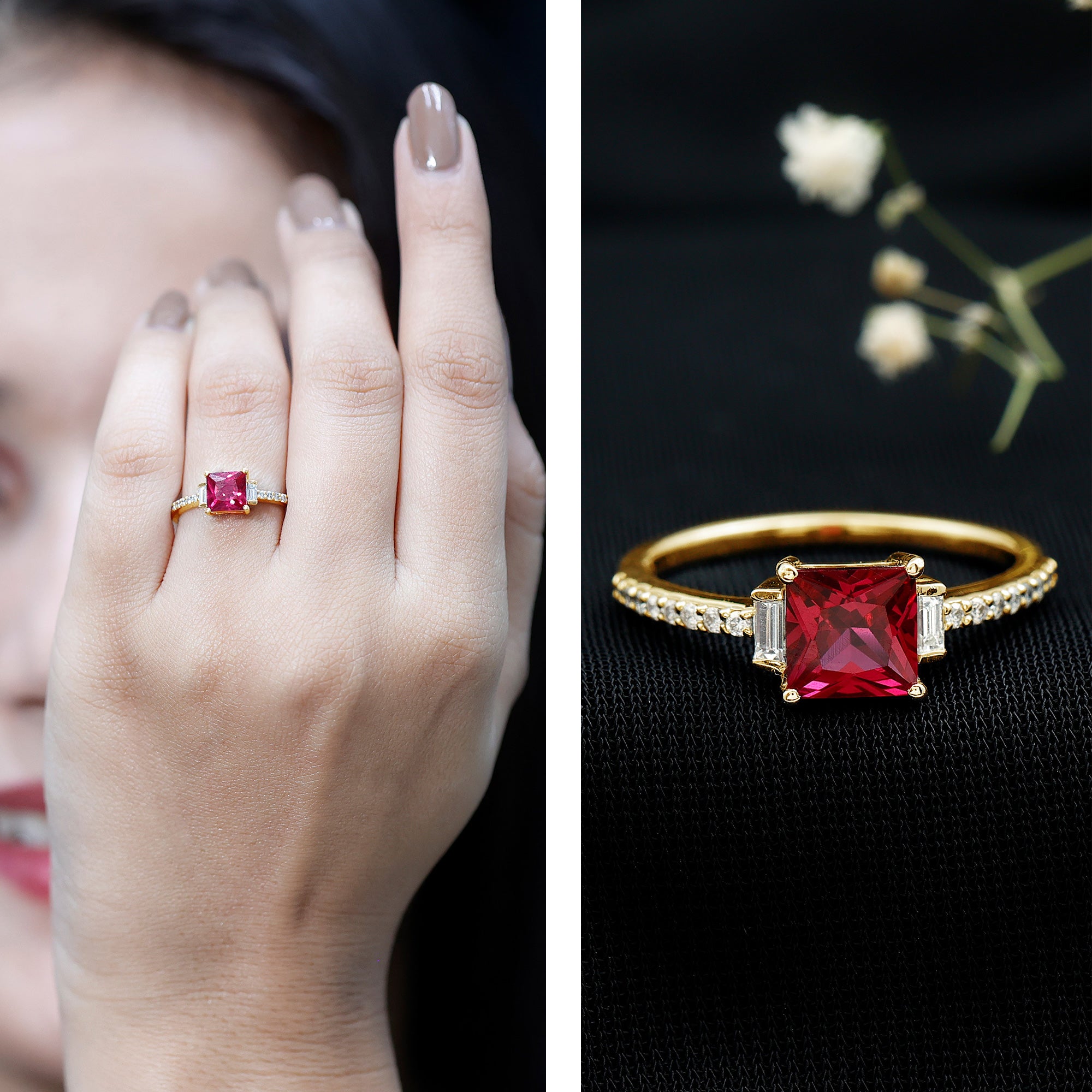1.5 Carat Princess Cut Lab Created Ruby Engagement Ring With Diamond AAAA - Rosec Jewels