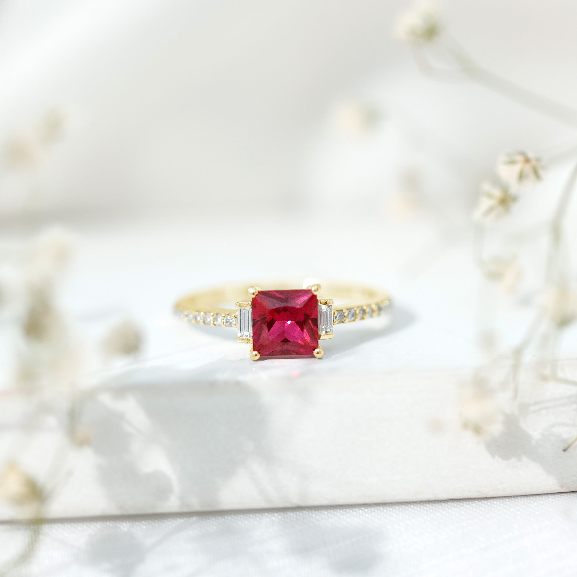 1.5 Carat Princess Cut Lab Created Ruby Engagement Ring With Diamond AAAA - Rosec Jewels