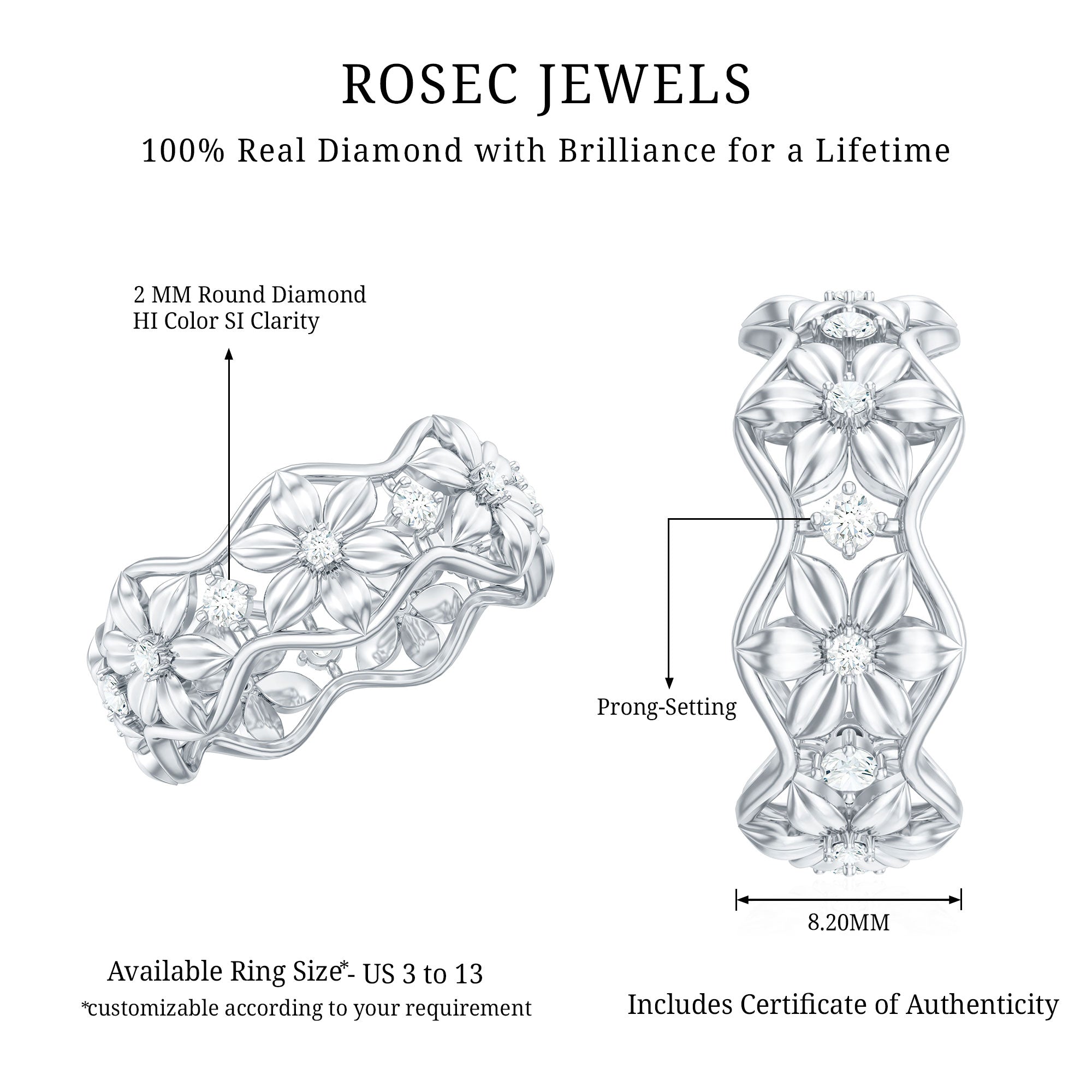 Natural Diamond Flower Wedding Band Ring With Certificate Natural - ( HI-SI ) - Rosec Jewels