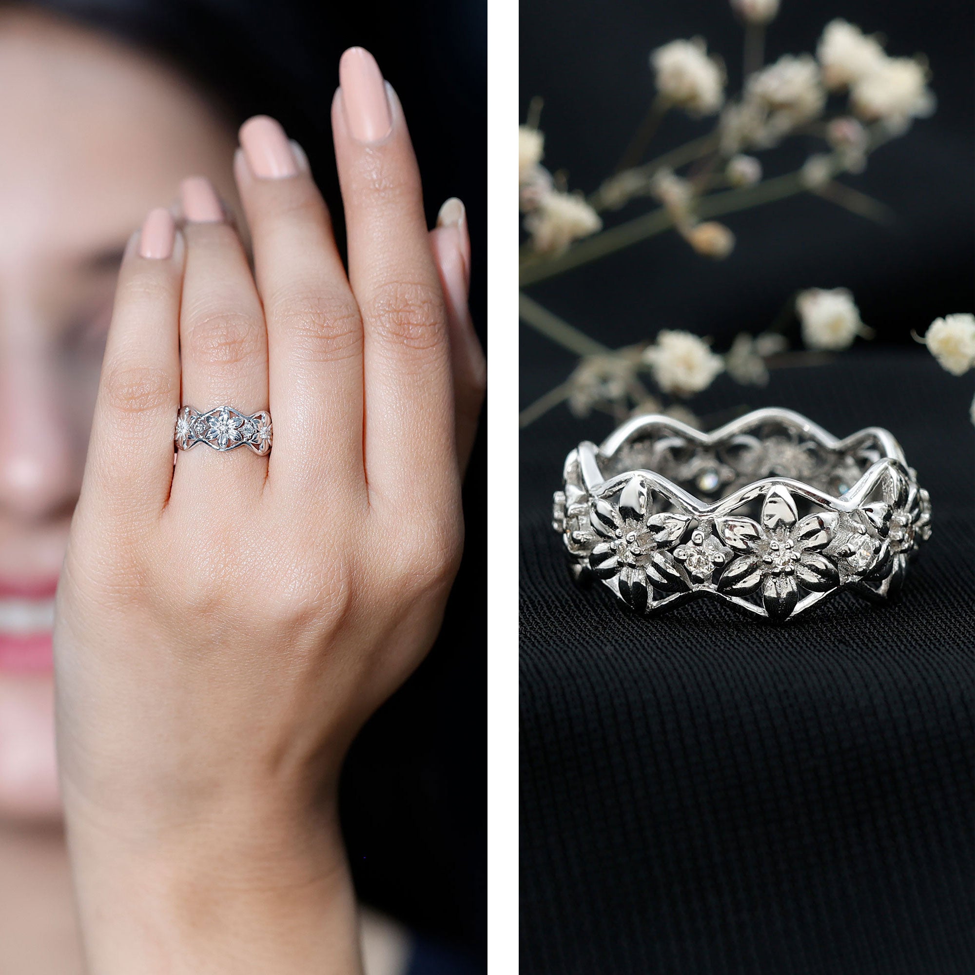 Natural Diamond Flower Wedding Band Ring With Certificate Natural - ( HI-SI ) - Rosec Jewels