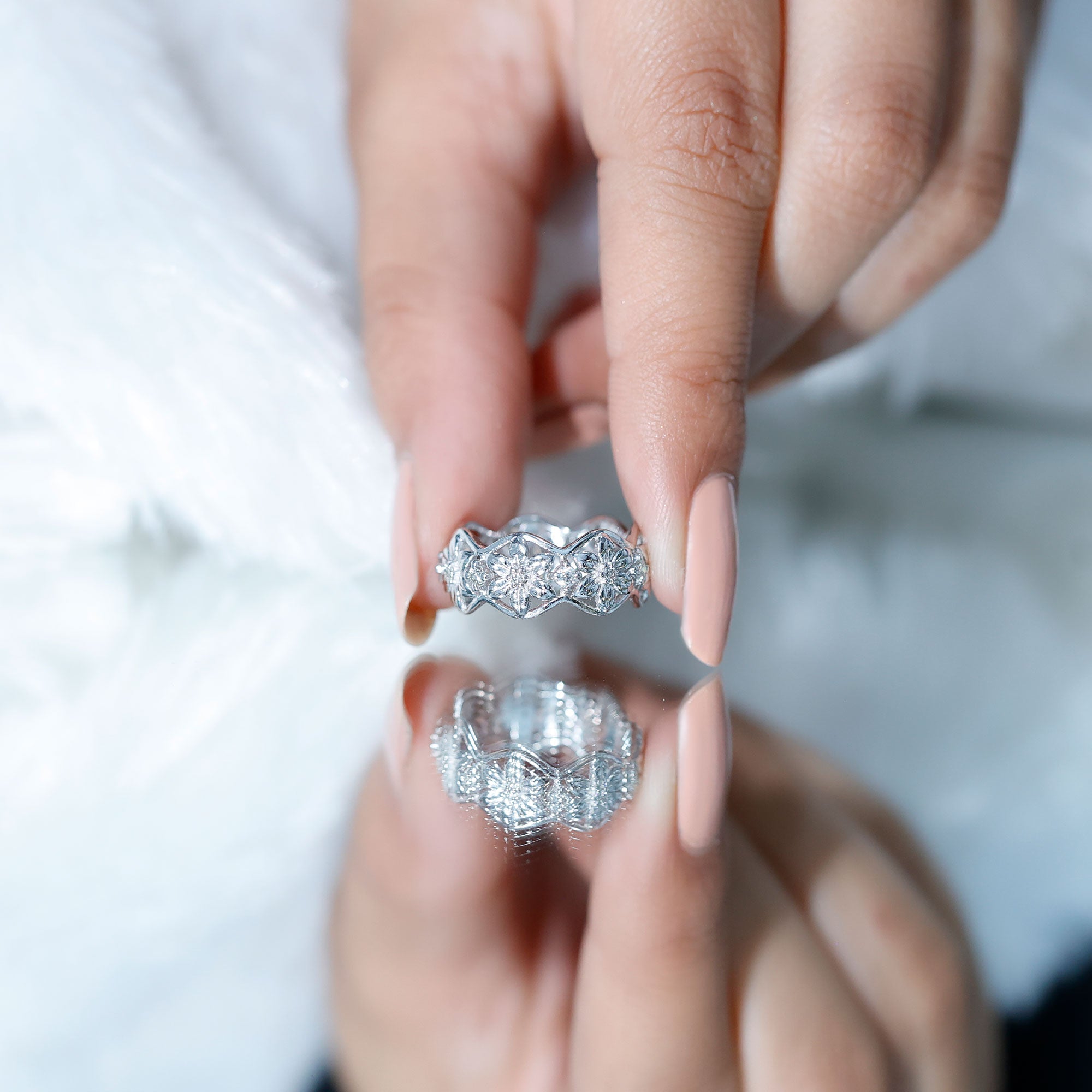 Natural Diamond Flower Wedding Band Ring With Certificate Natural - ( HI-SI ) - Rosec Jewels