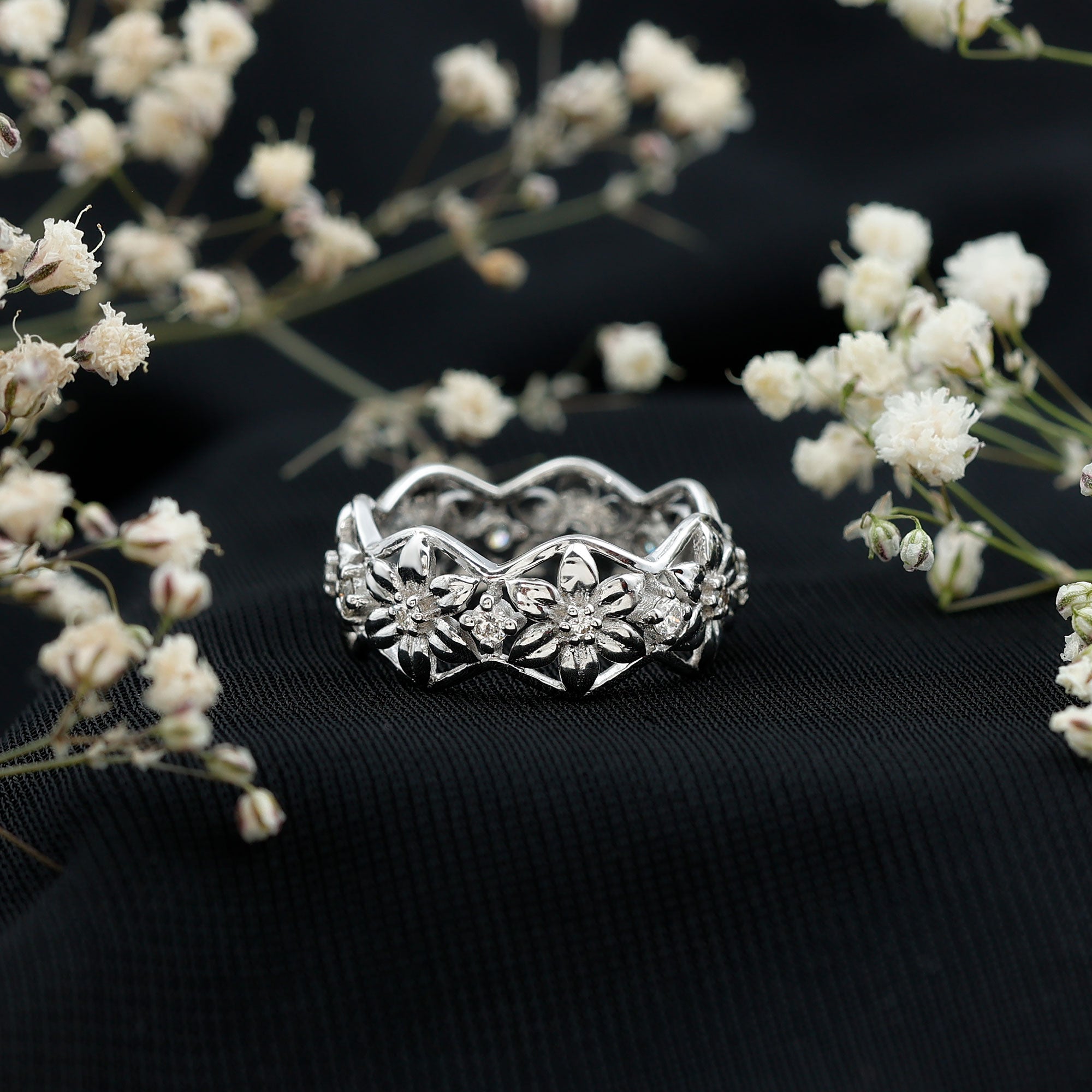 Natural Diamond Flower Wedding Band Ring With Certificate Natural - ( HI-SI ) - Rosec Jewels