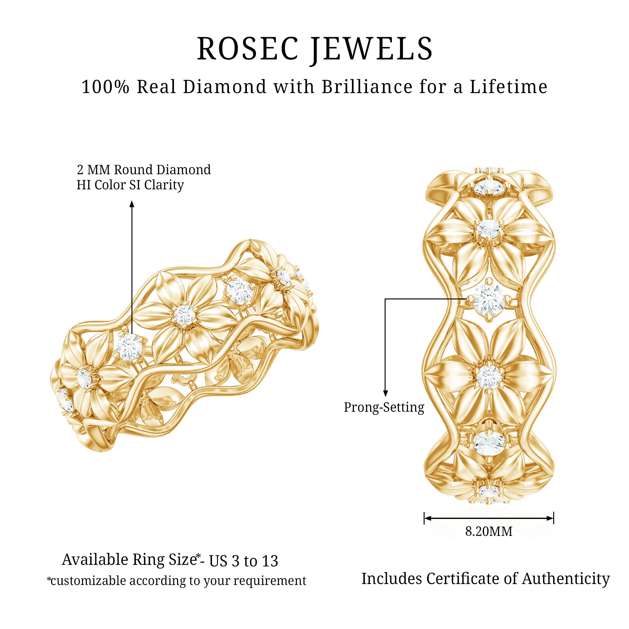 Natural Diamond Flower Wedding Band Ring With Certificate Natural - ( HI-SI ) - Rosec Jewels