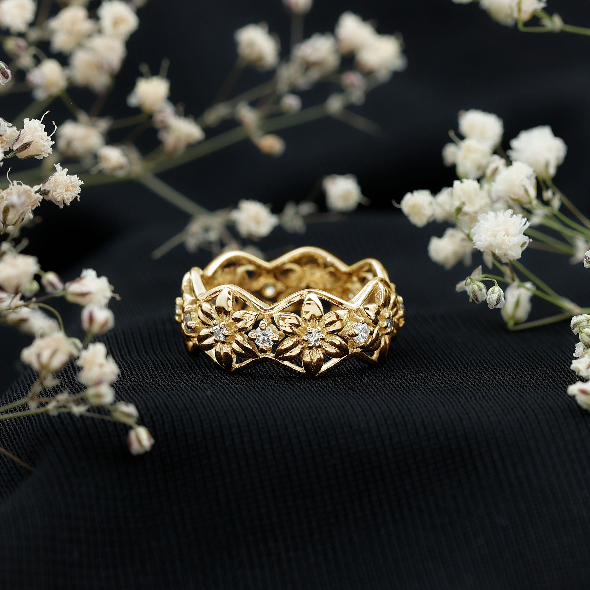 Natural Diamond Flower Wedding Band Ring With Certificate Natural - ( HI-SI ) - Rosec Jewels