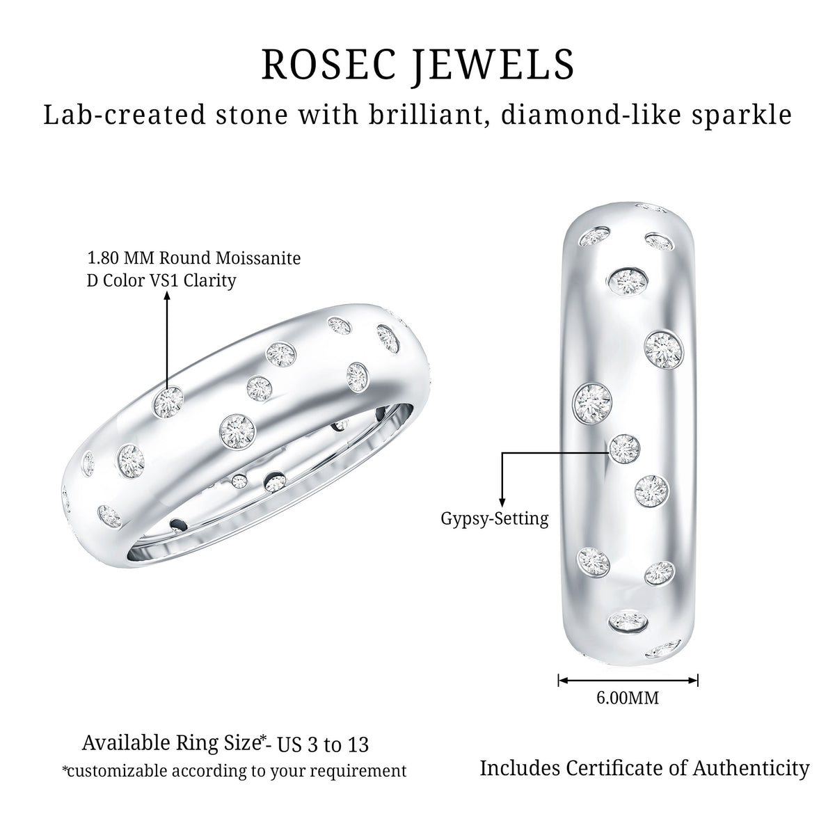 Scatter Moissanite Wedding Wide Band Ring D-VS1 - Rosec Jewels