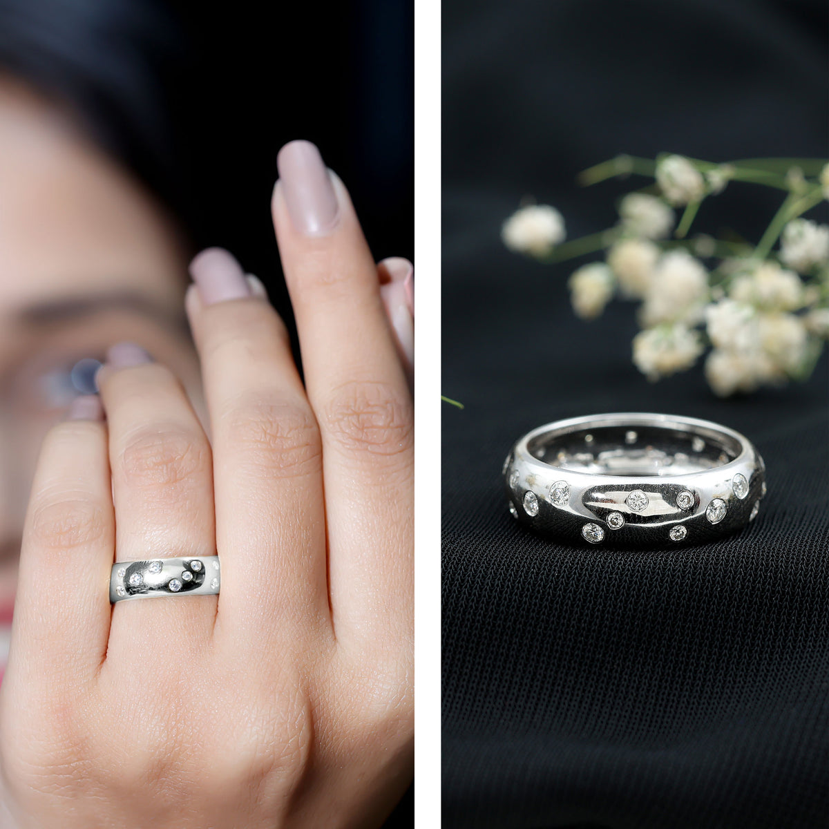 Scatter Moissanite Wedding Wide Band Ring D-VS1 - Rosec Jewels
