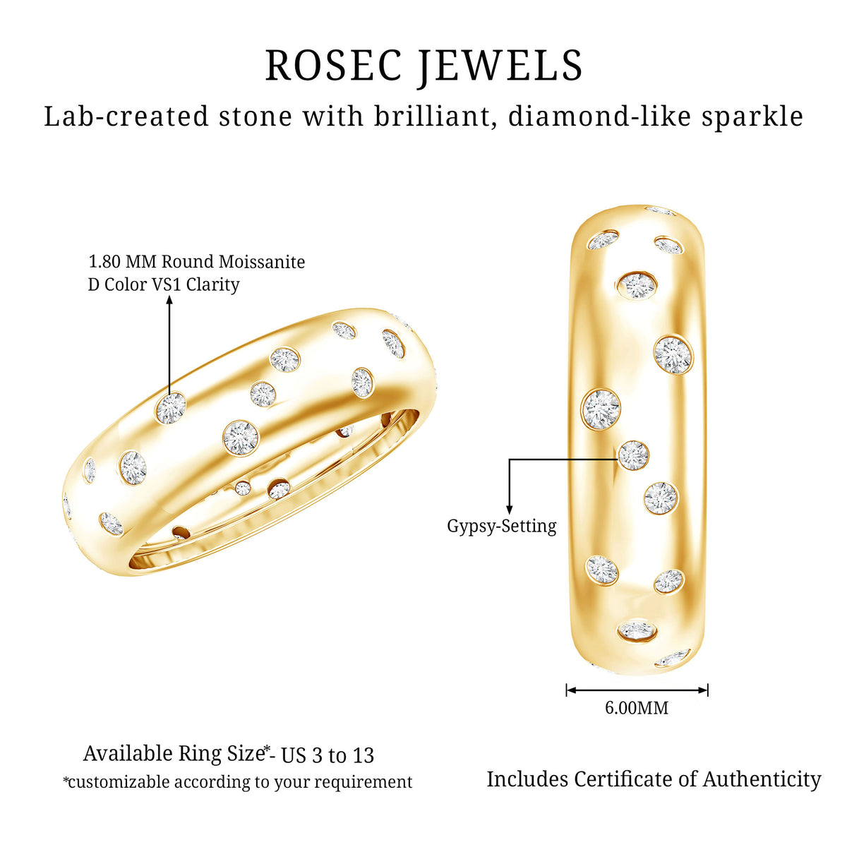 Scatter Moissanite Wedding Wide Band Ring D-VS1 - Rosec Jewels