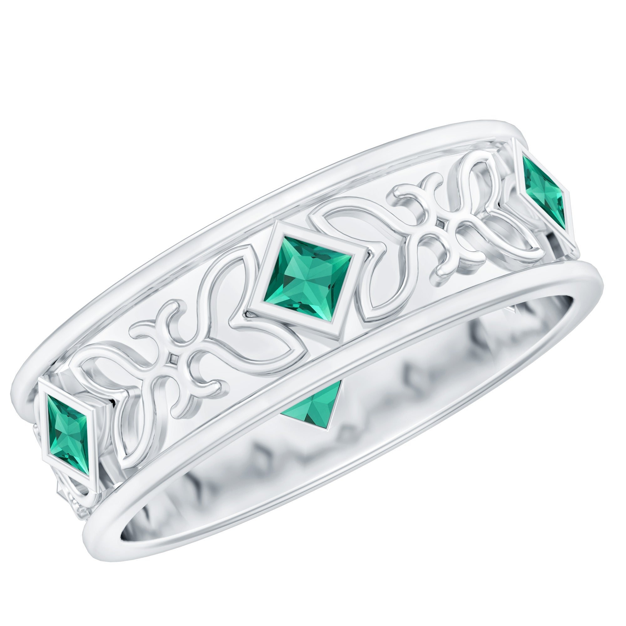 Princess Cut Lab Created Emerald Vintage Inspired Wedding Band