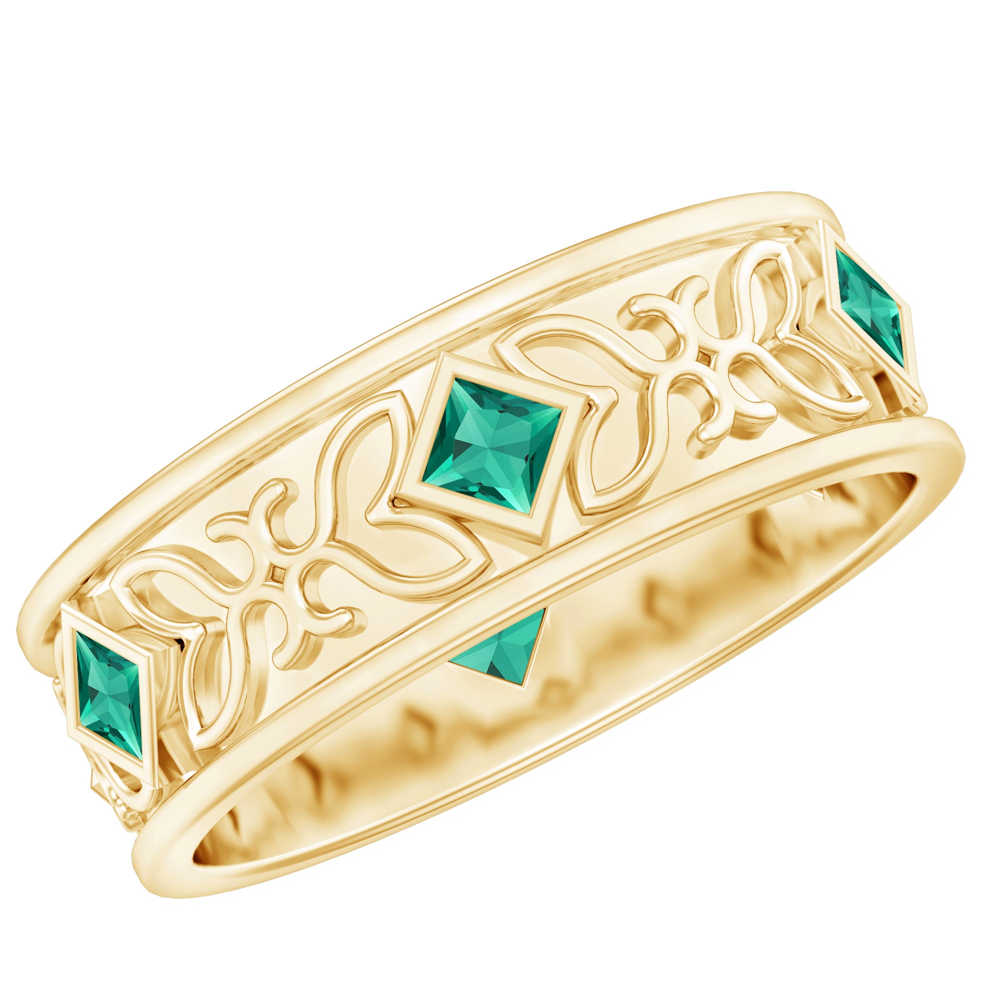 Princess Cut Lab Created Emerald Vintage Inspired Wedding Band AAAA - Rosec Jewels
