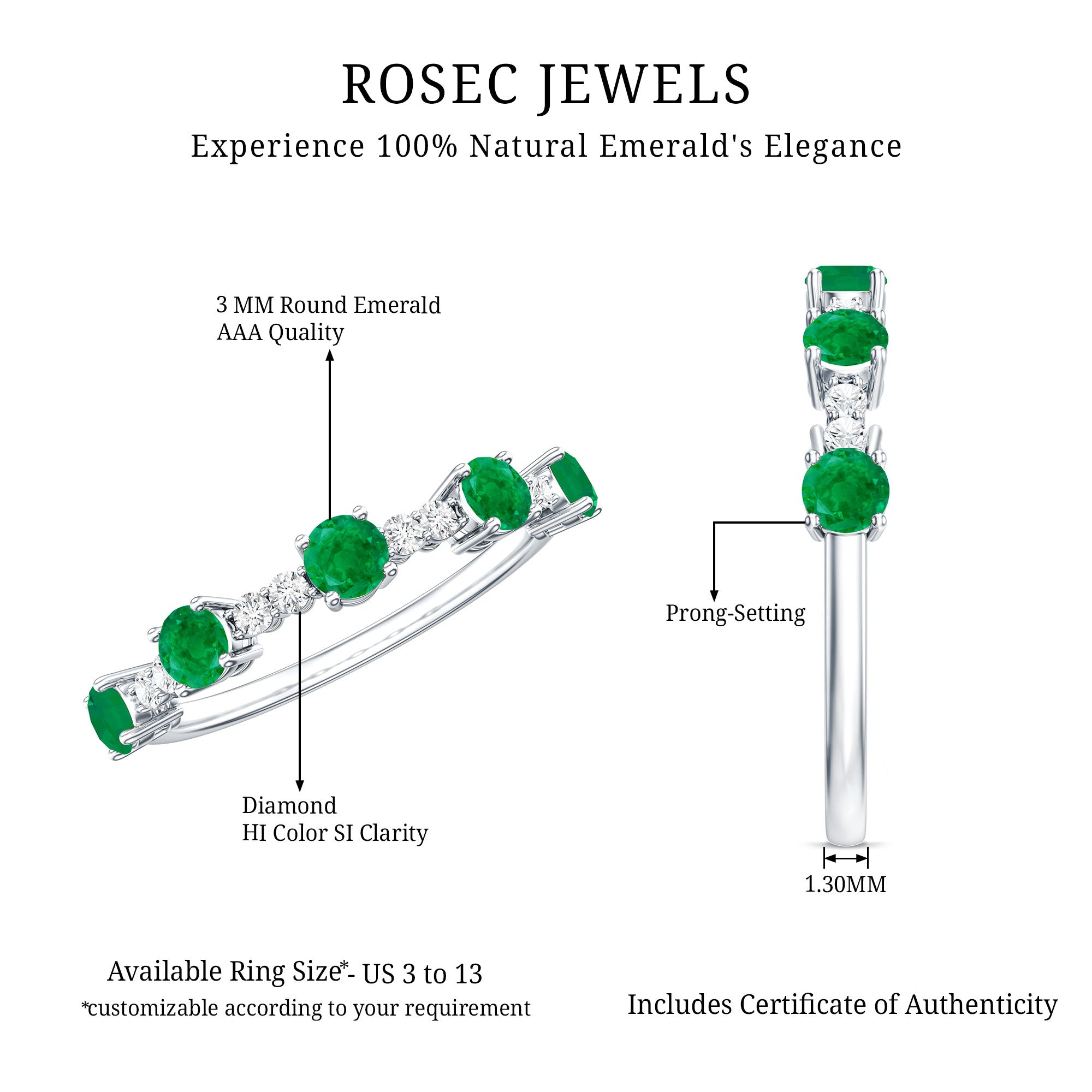 Real Emerald and Diamond Half Eternity Wedding Band Ring AAA - Rosec Jewels
