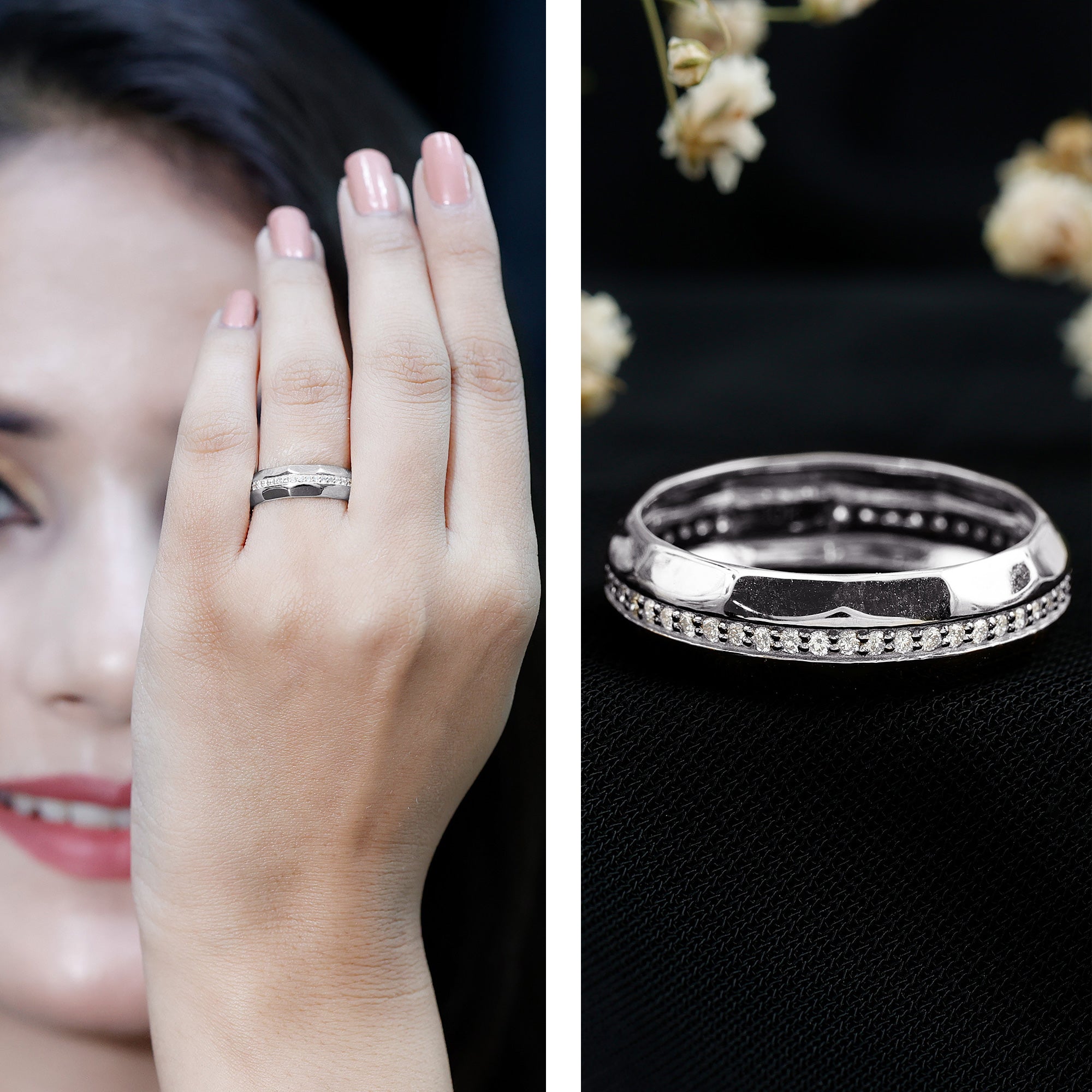 Natural Diamond Wide Eternity Band Ring with Textured Natural - ( HI-SI ) - Rosec Jewels