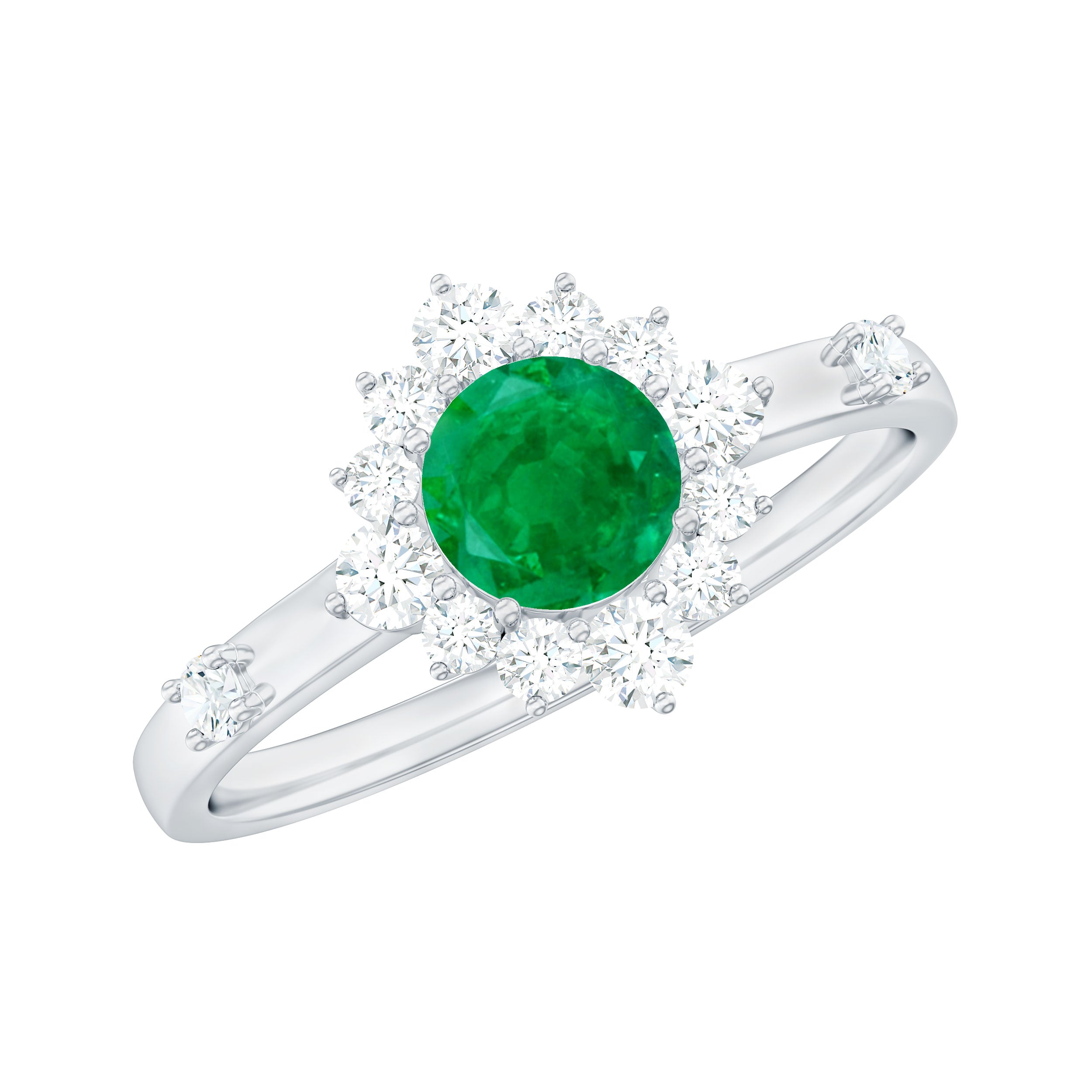 5mm Round Shape Emerald Promise Ring with Diamond Halo