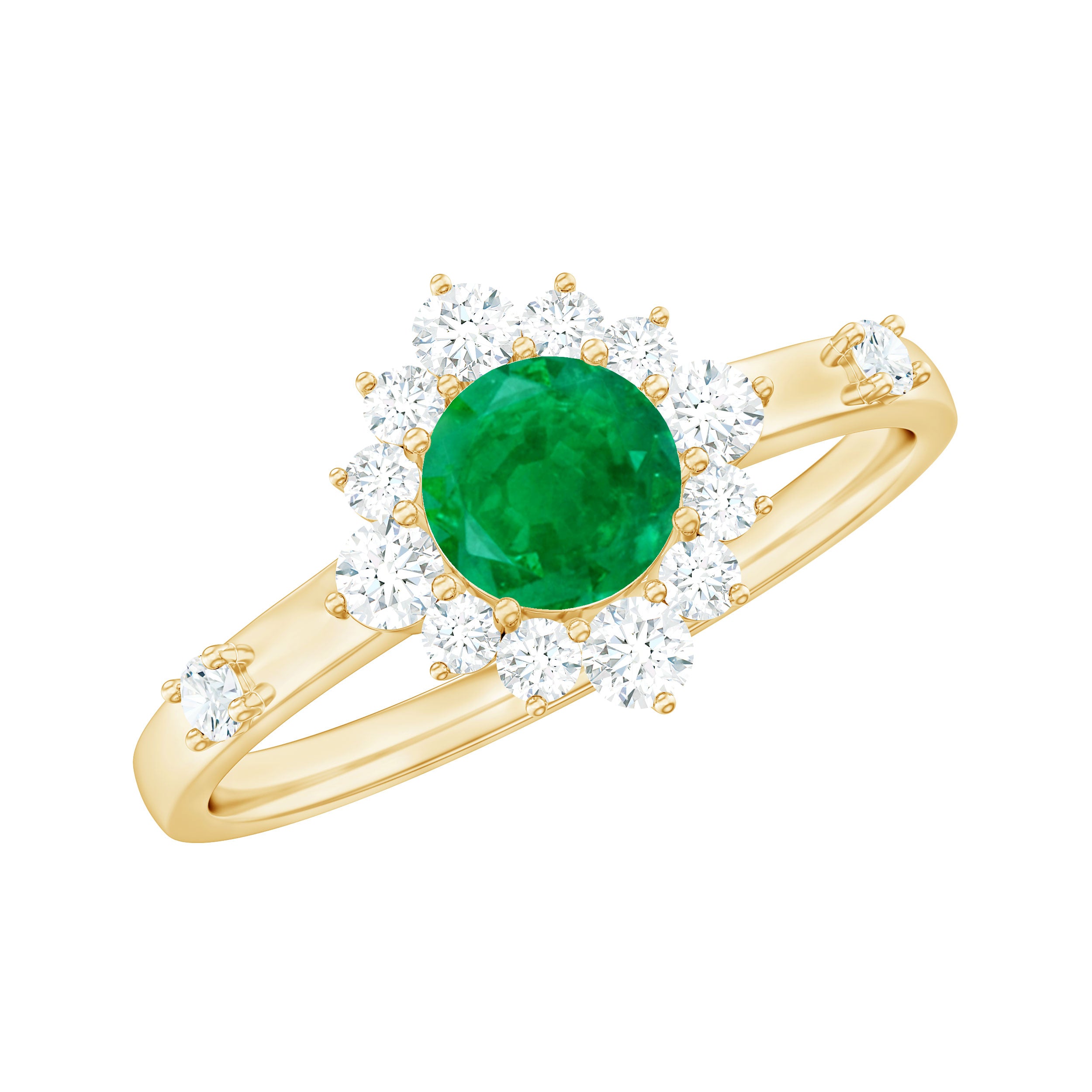 5mm Round Shape Emerald Promise Ring with Diamond Halo AAA - Rosec Jewels